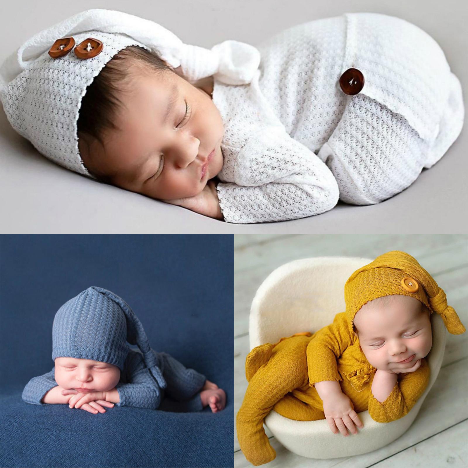 Automobiles11 Pasgeboren Baby Fotografie Prop Footed Romper Button Overalls Hoed Set grijze kleur