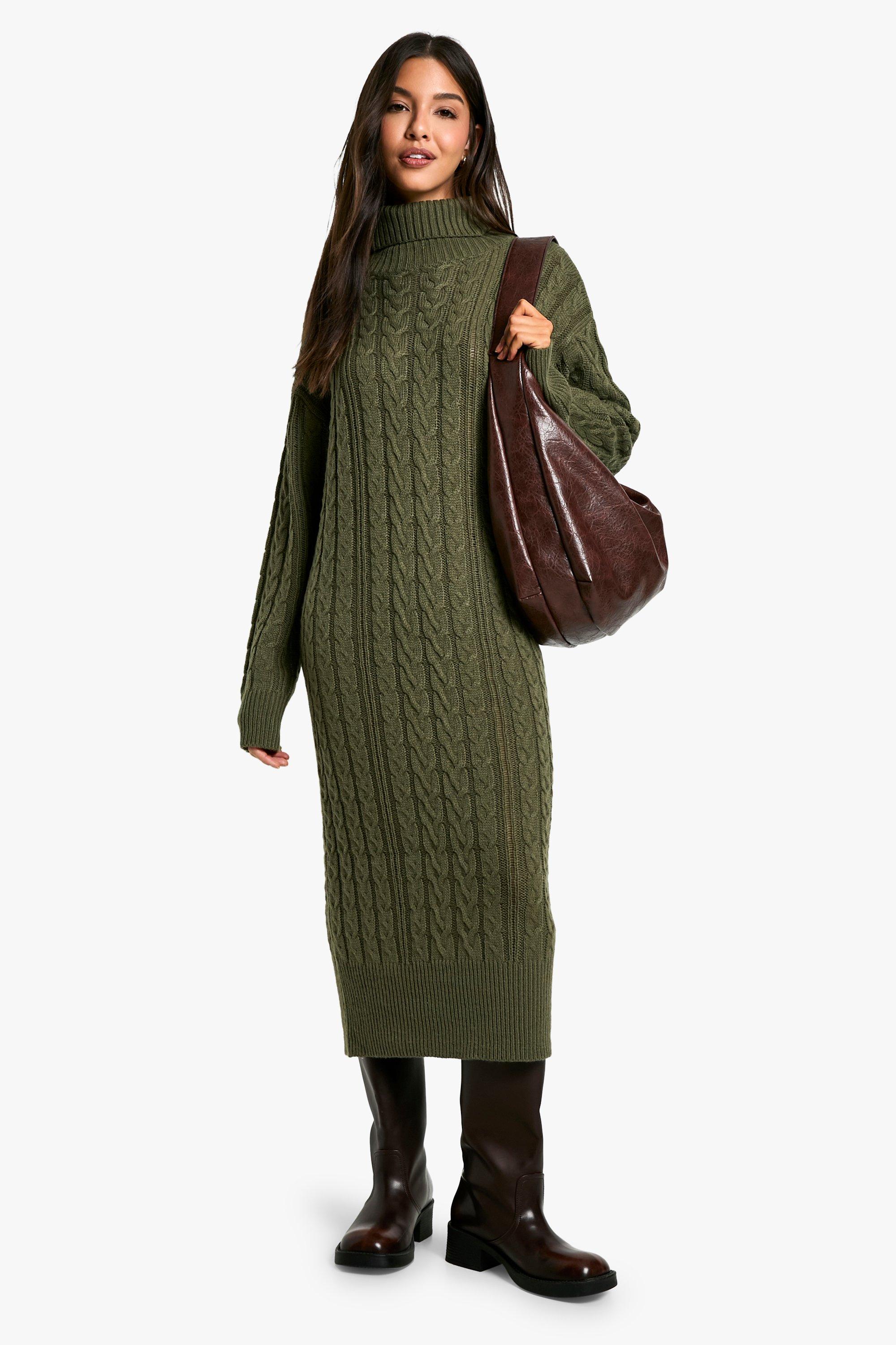 Boohoo Grof Gebreide Midi Jurk Met Col, Olive