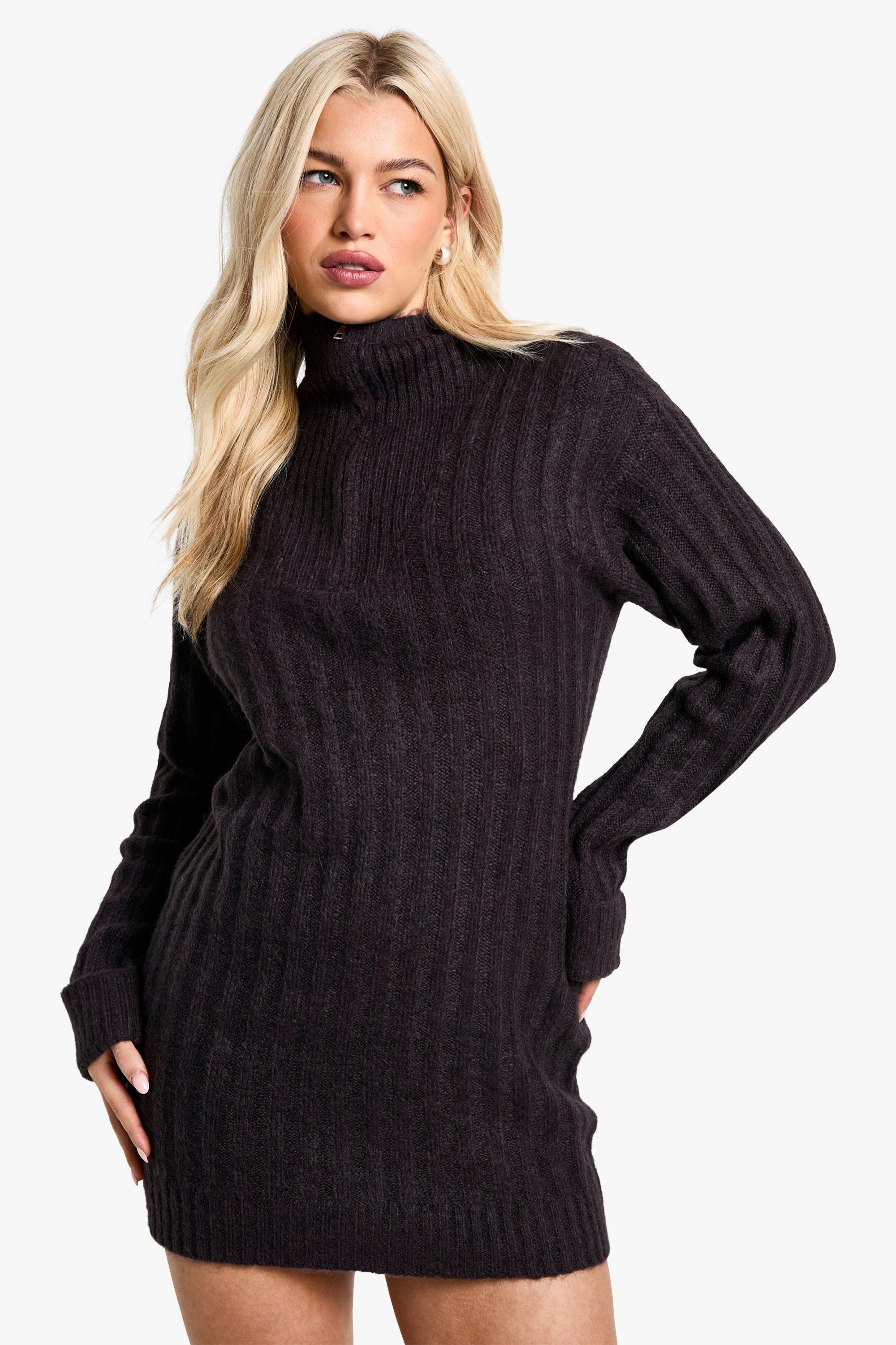 Boohoo Zachte Gebreide Dik Geribbelde Oversized Mini Jurk Met Hals Rits, Purple