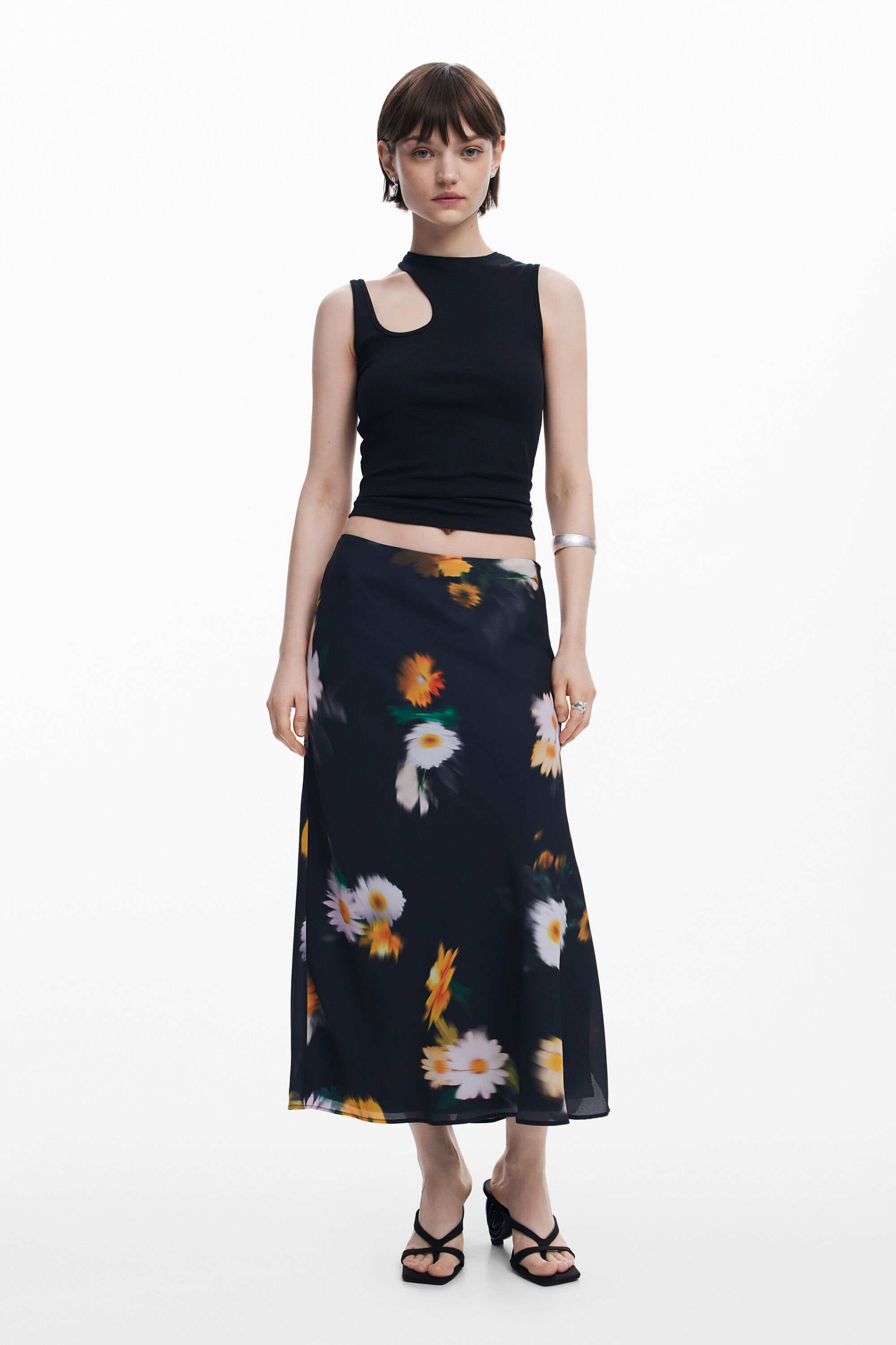 desigual Midirok met vervaagde bloemen - BLACK