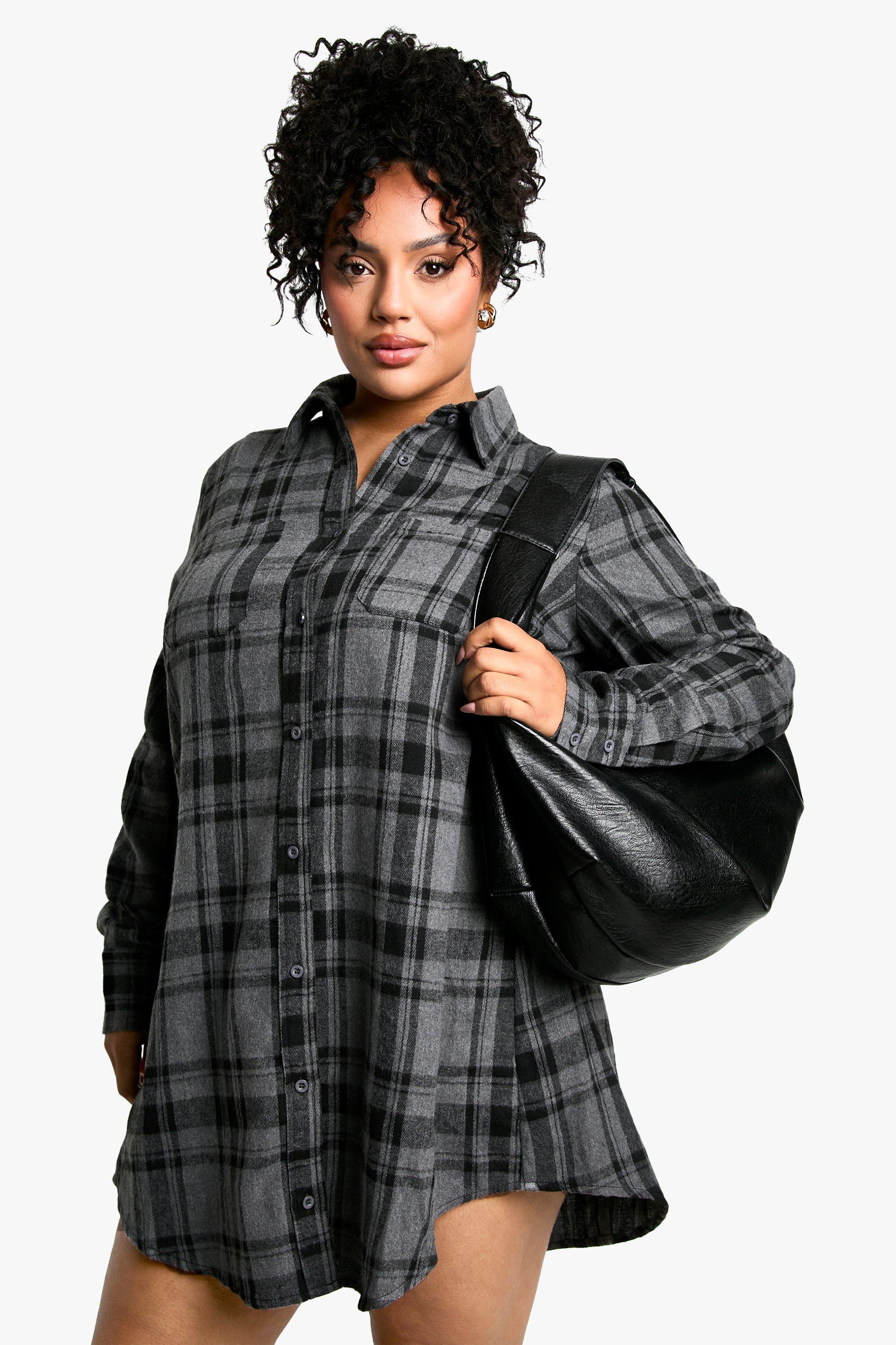 Boohoo Plus Geruite Blouse Jurk, Grey Marl