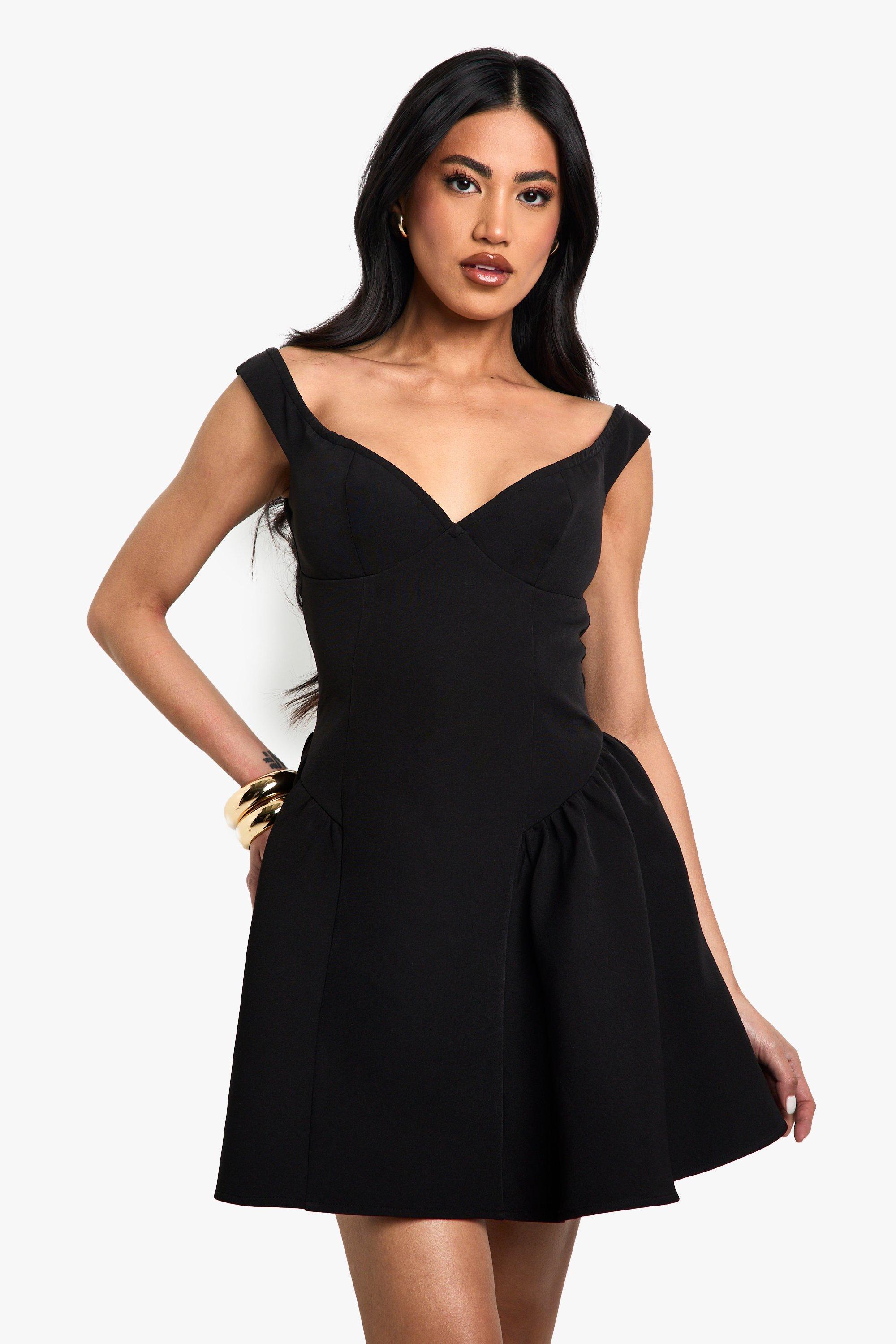 Boohoo Off Shoulder Mini Skater Jurk Met Structuur, Black