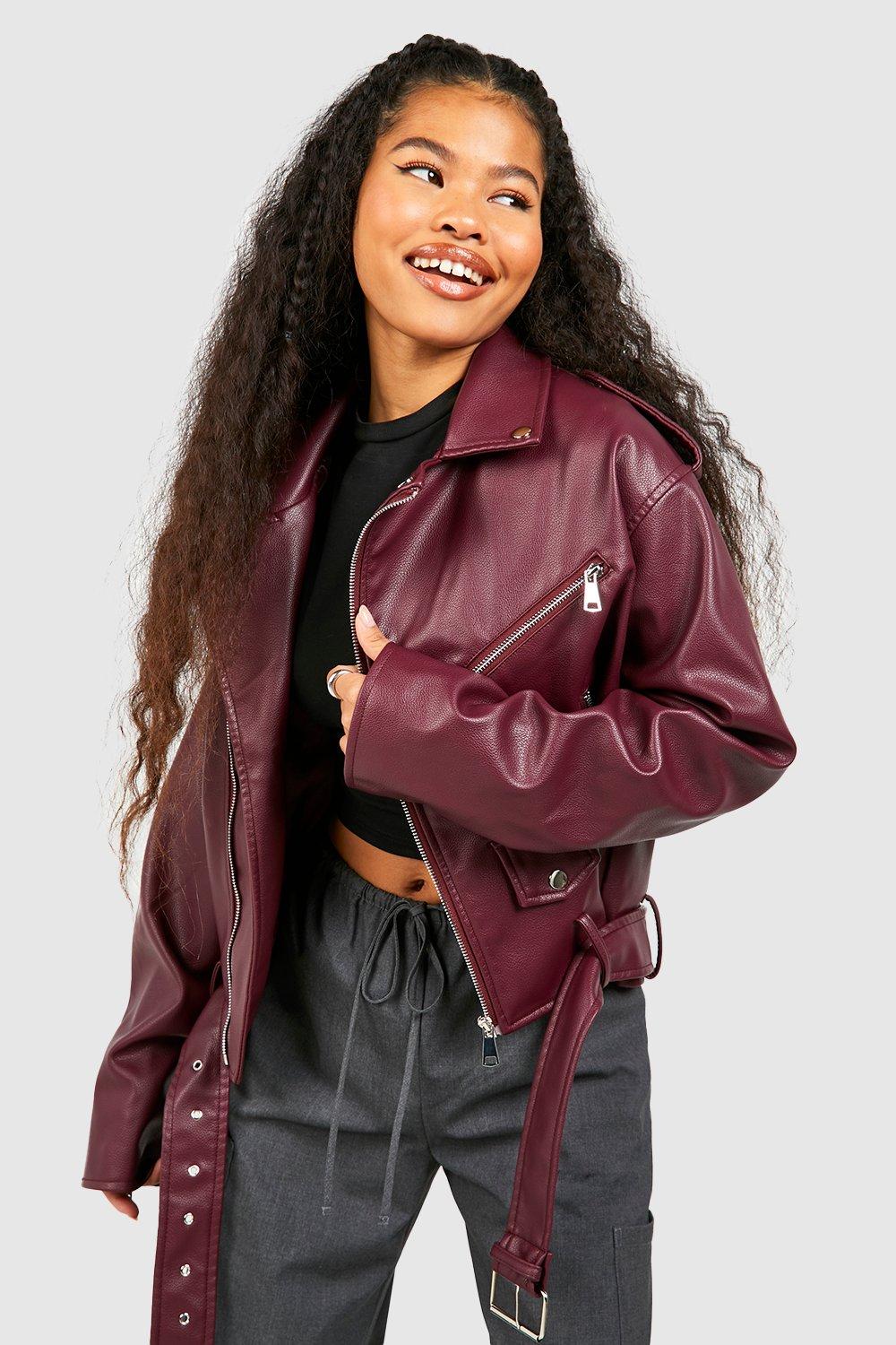 Boohoo Petite Oversized Nepleren Biker Jas, Wine