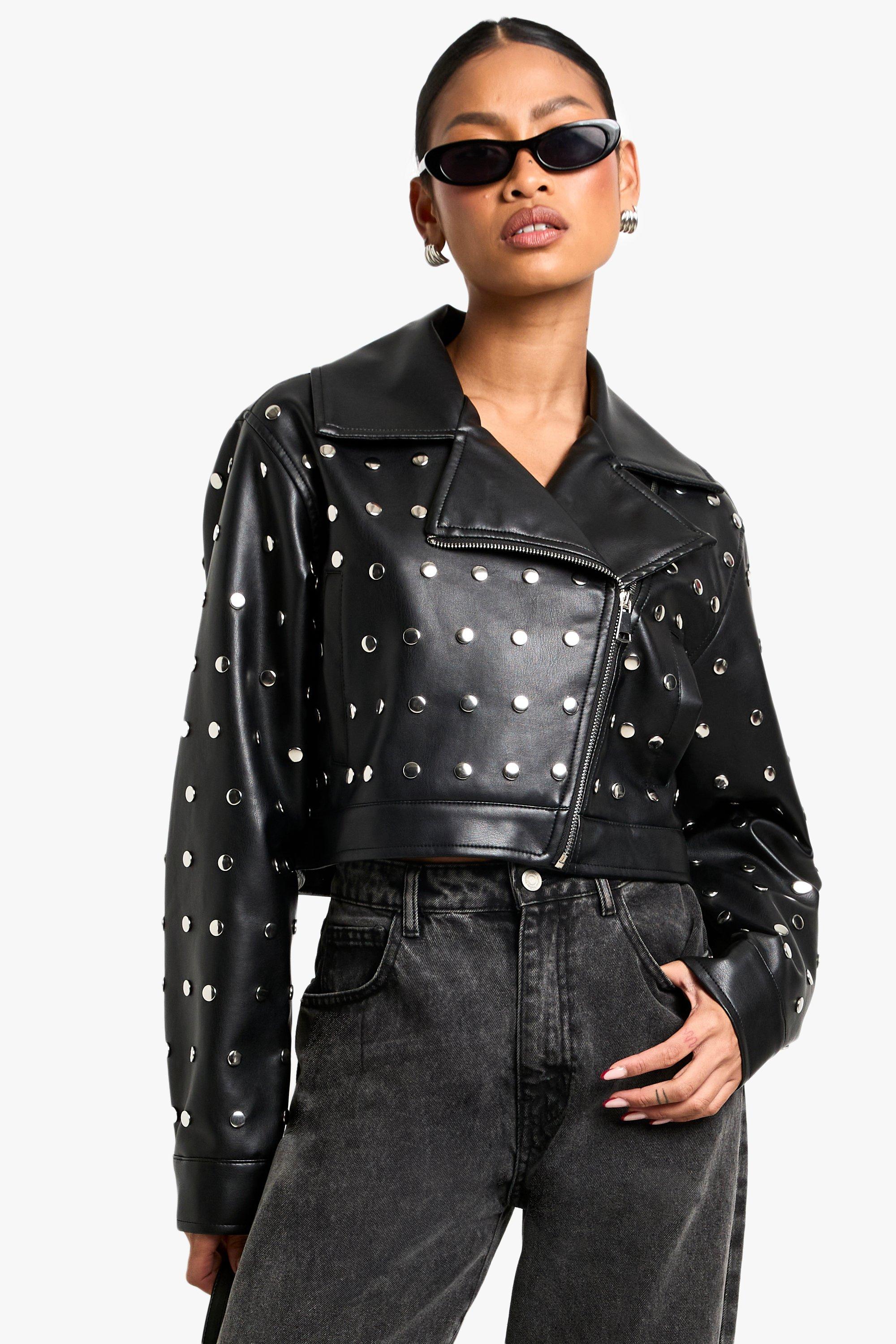 Boohoo Korte Biker Jas Met Studs, Black