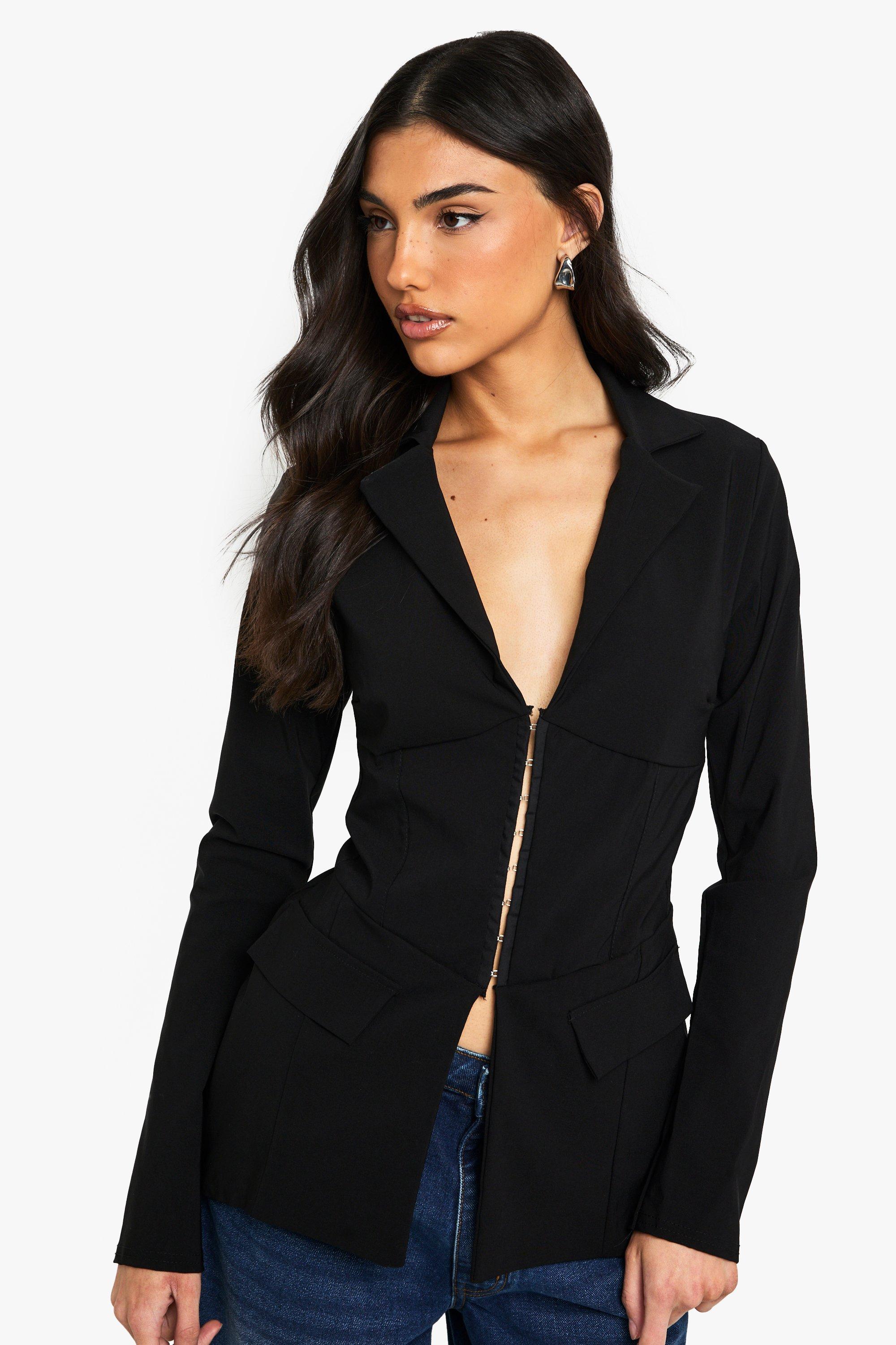 Boohoo Getailleerde Bengaline Blazer Met Haakjes, Black