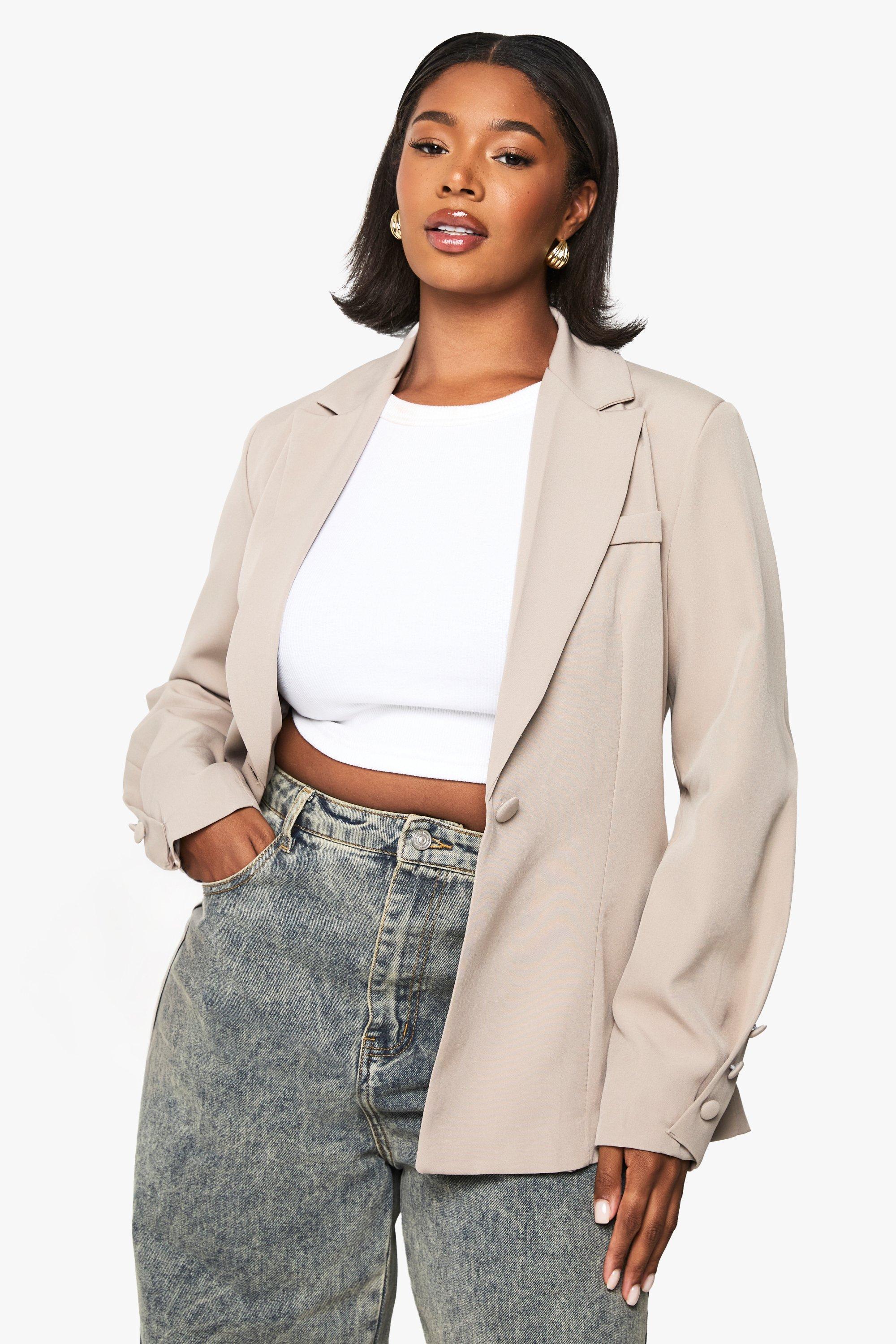 Boohoo Plus Geweven Getailleerde Blazer Met Knoop Detail, Mushroom