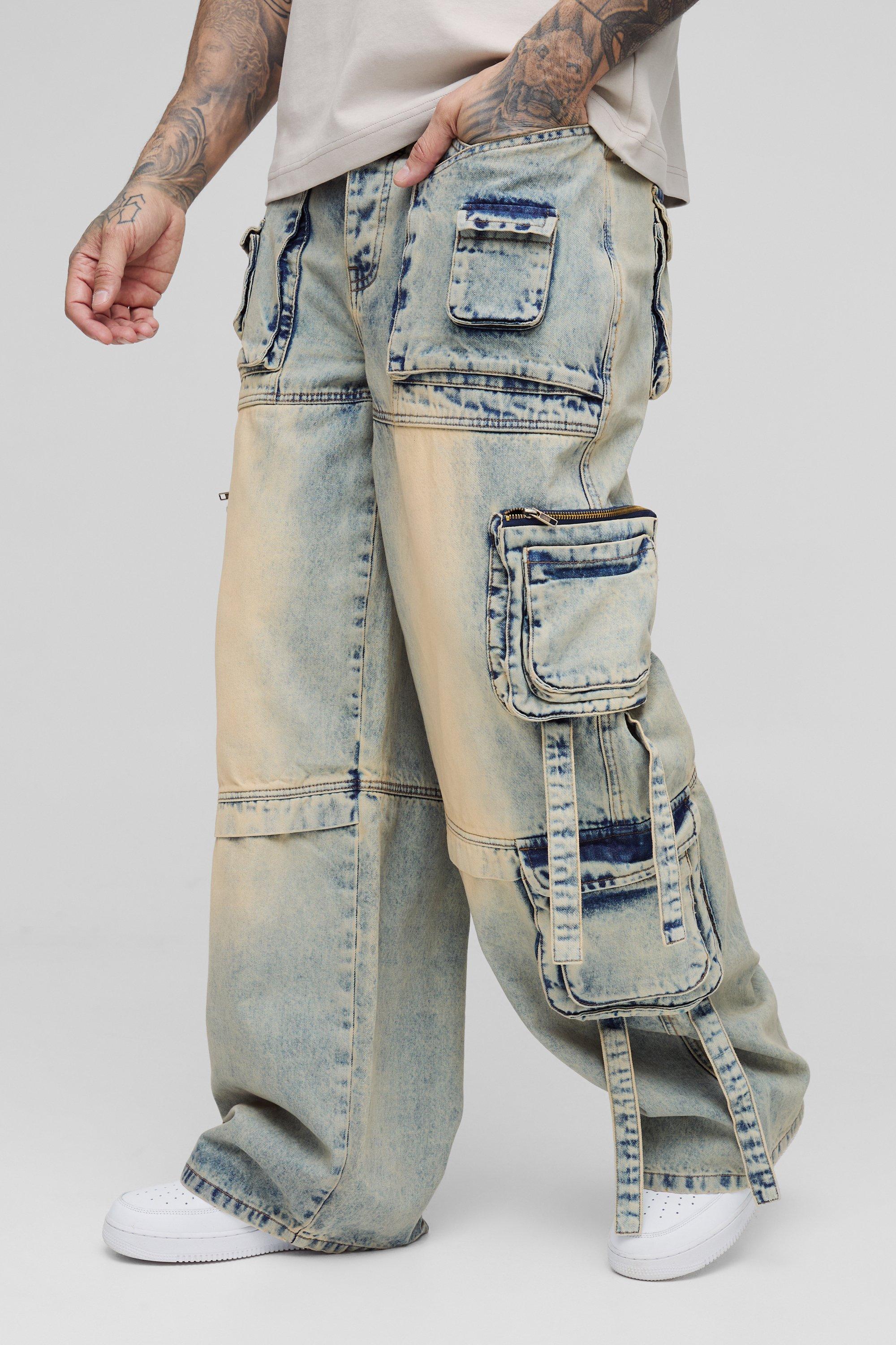 Boohoo Tall Onbewerkte Baggy Cargo Jeans Met Zakken En Bandjes, Mid Wash