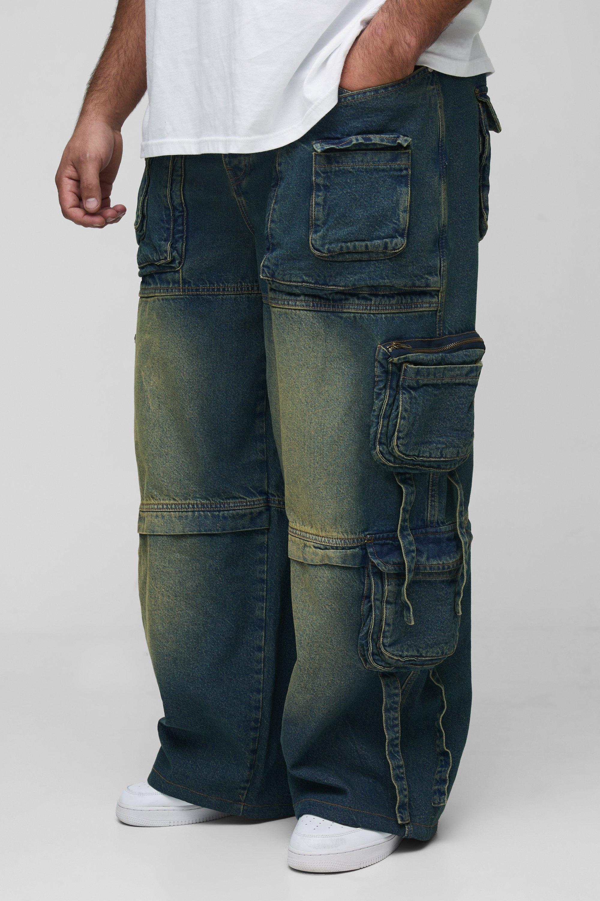 Boohoo Plus Onbewerkte Baggy Cargo Jeans Met Zakken En Bandjes, Mid Wash