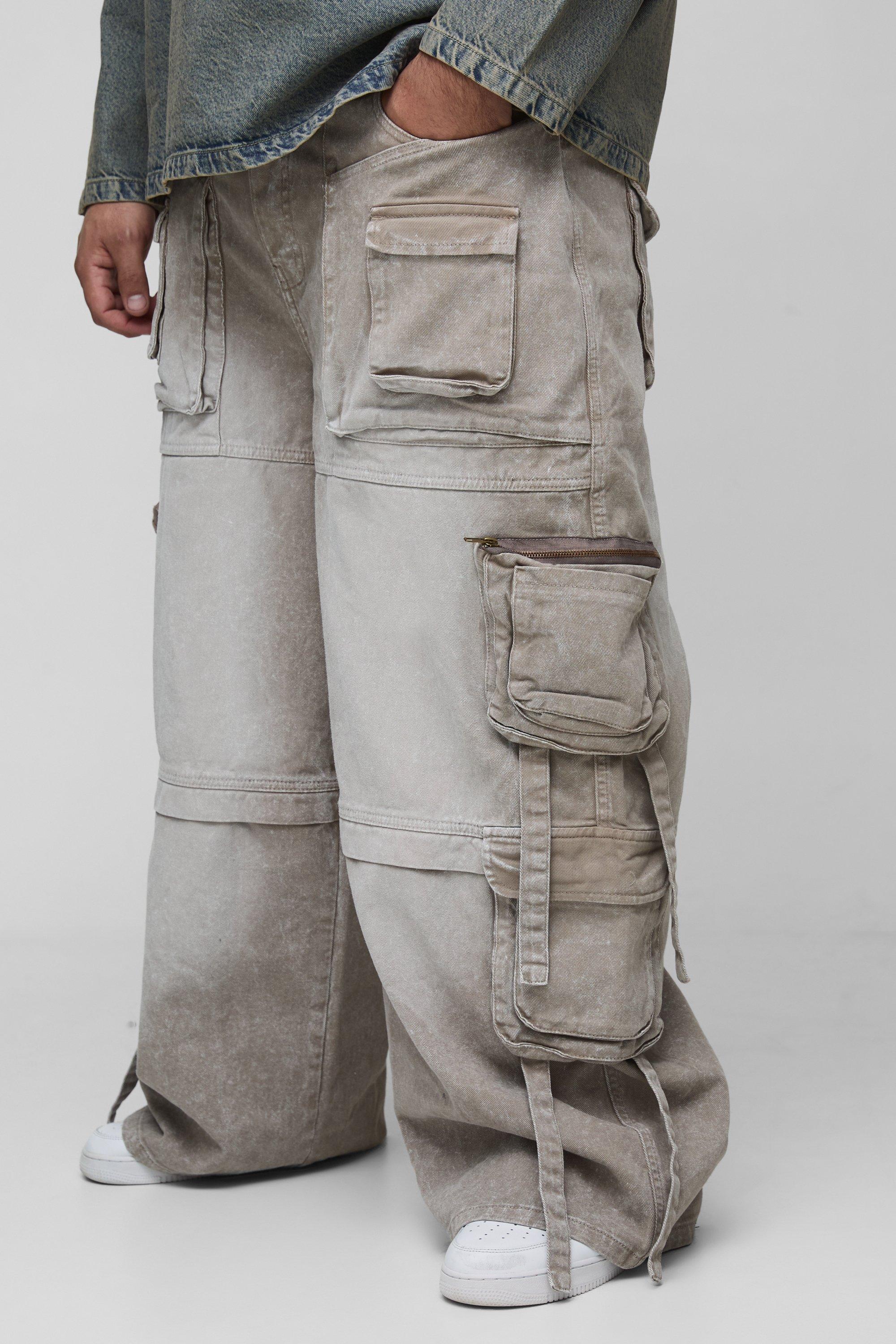 Boohoo Plus Onbewerkte Baggy Cargo Jeans Met Zakken En Bandjes, Stone