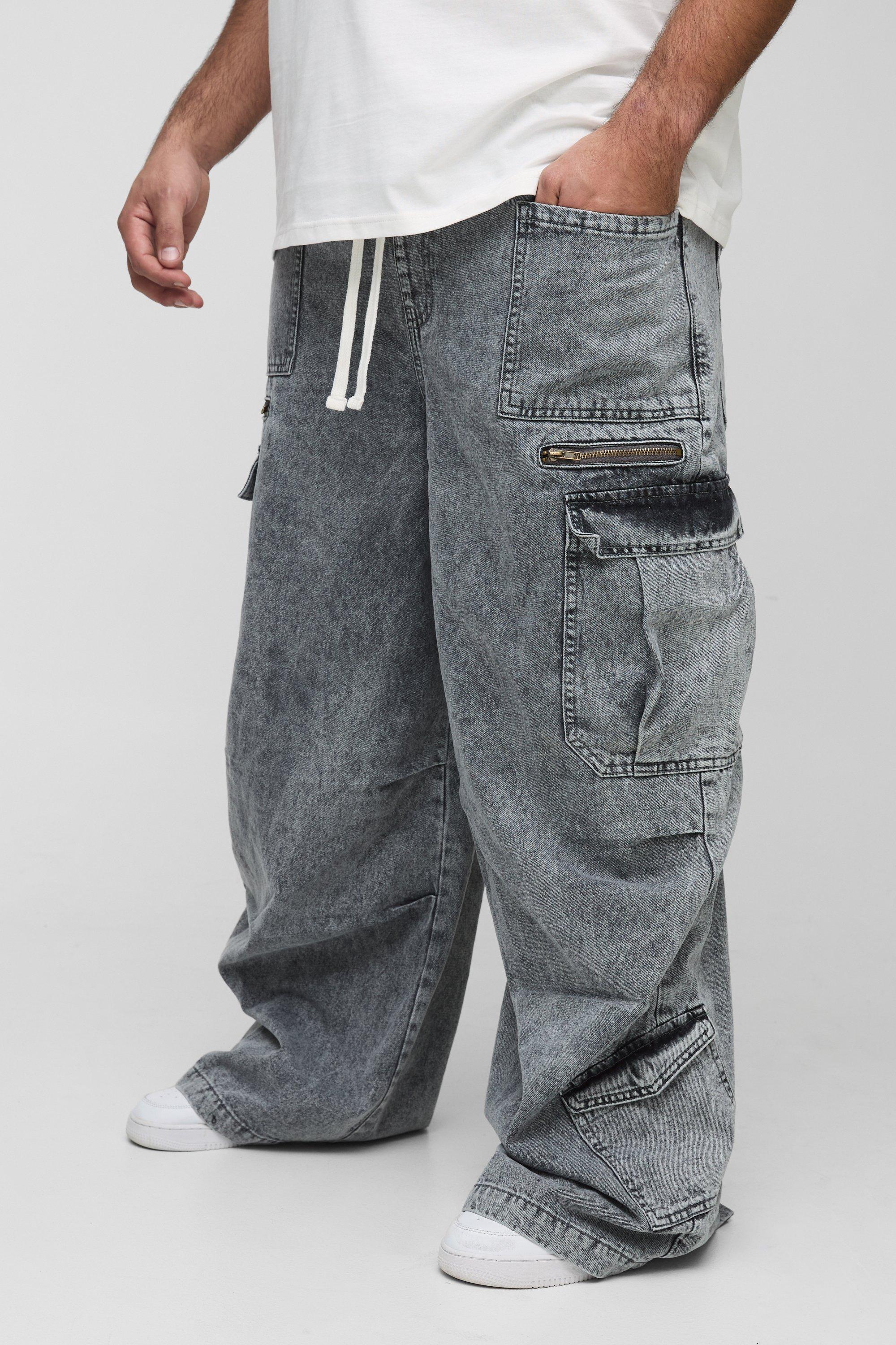 Boohoo Plus Acid Wash Gebleekte Parachute Cargo Jeans Met Elastische Taille, Grey