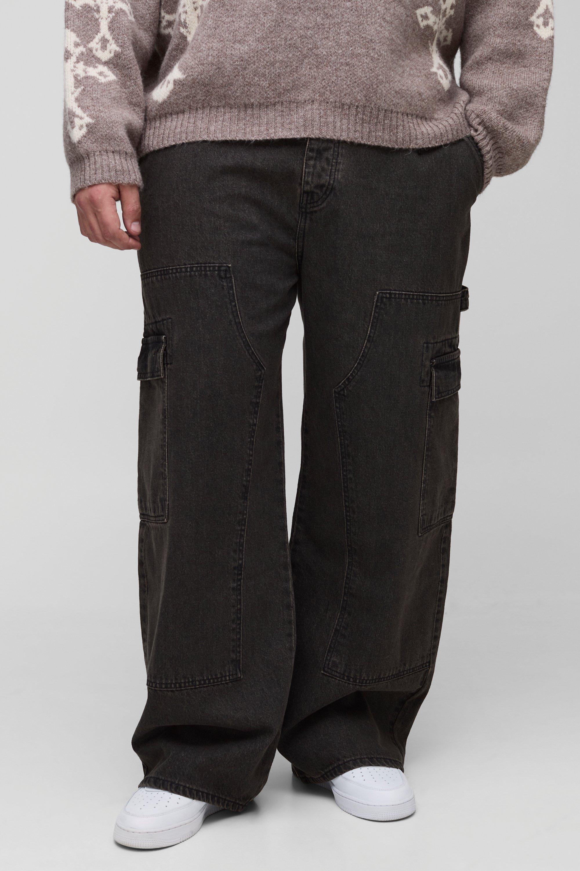 Boohoo Plus Baggy Utility Cargo Jeans, Washed Black