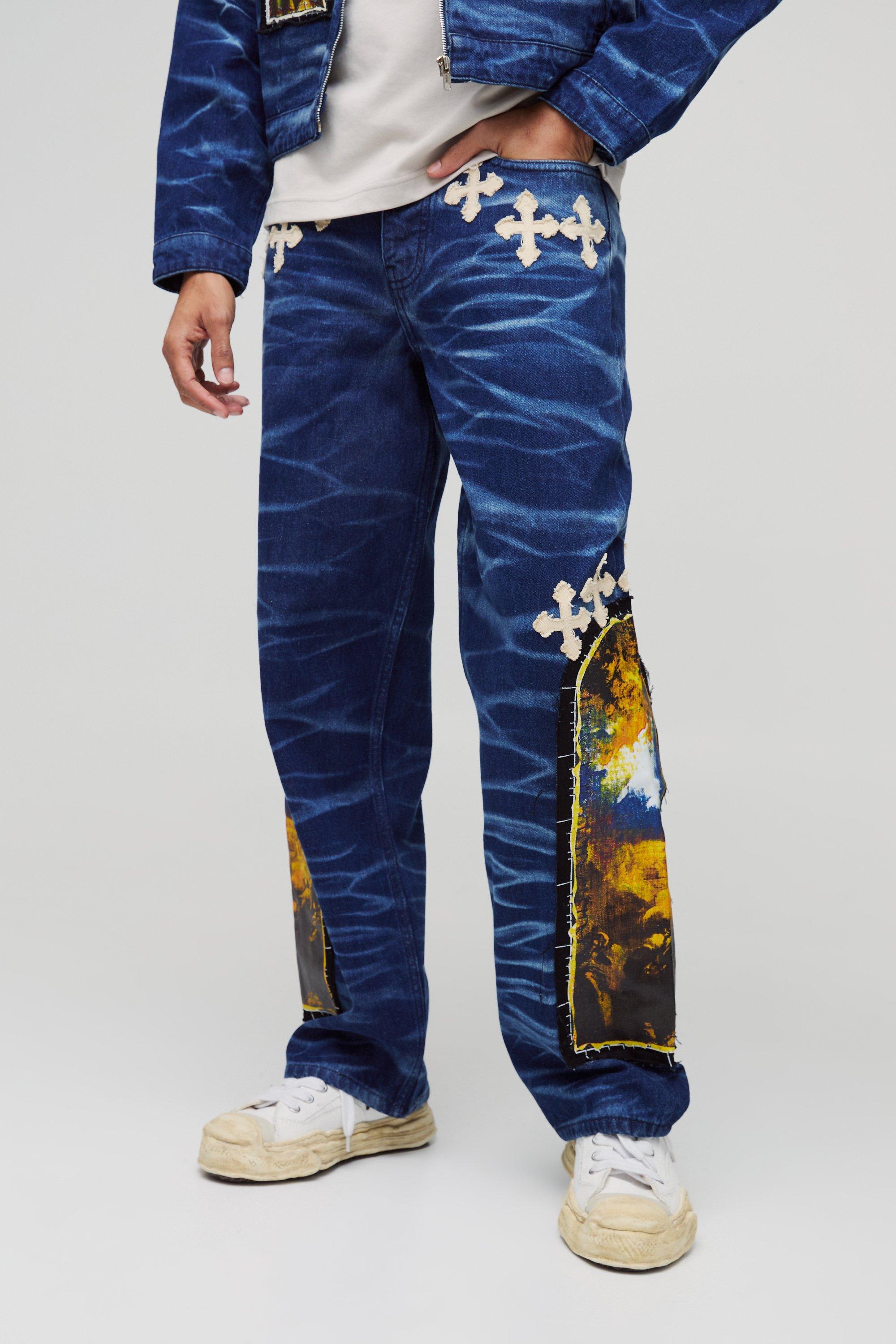Boohoo Gekreukelde Gebleekte Baggy Jeans Met Kruis, Indigo