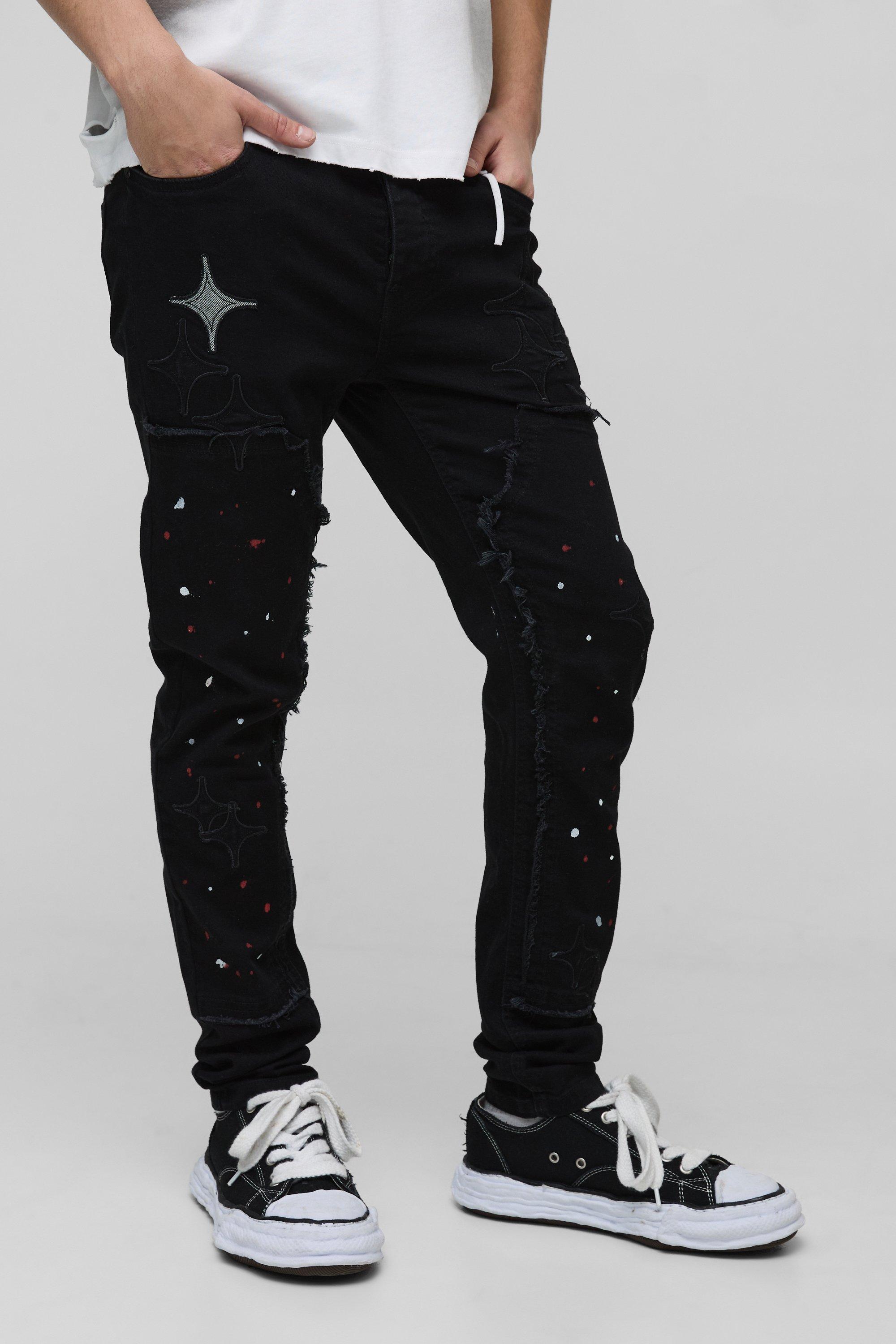 Boohoo Skinny Fit Carpenter Star Jeans Met Verfspetters, Black