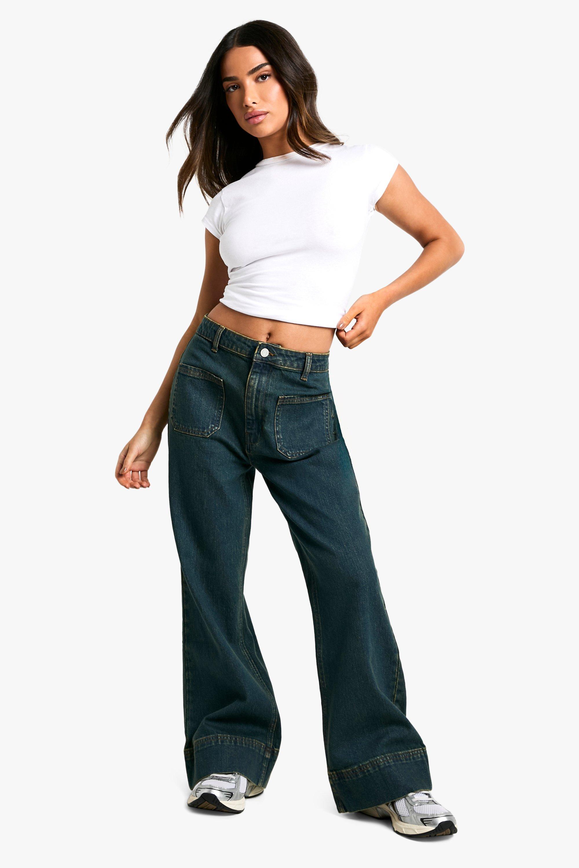 Boohoo Petite Flared Jeans Met Zak Detail, Vintage Blue