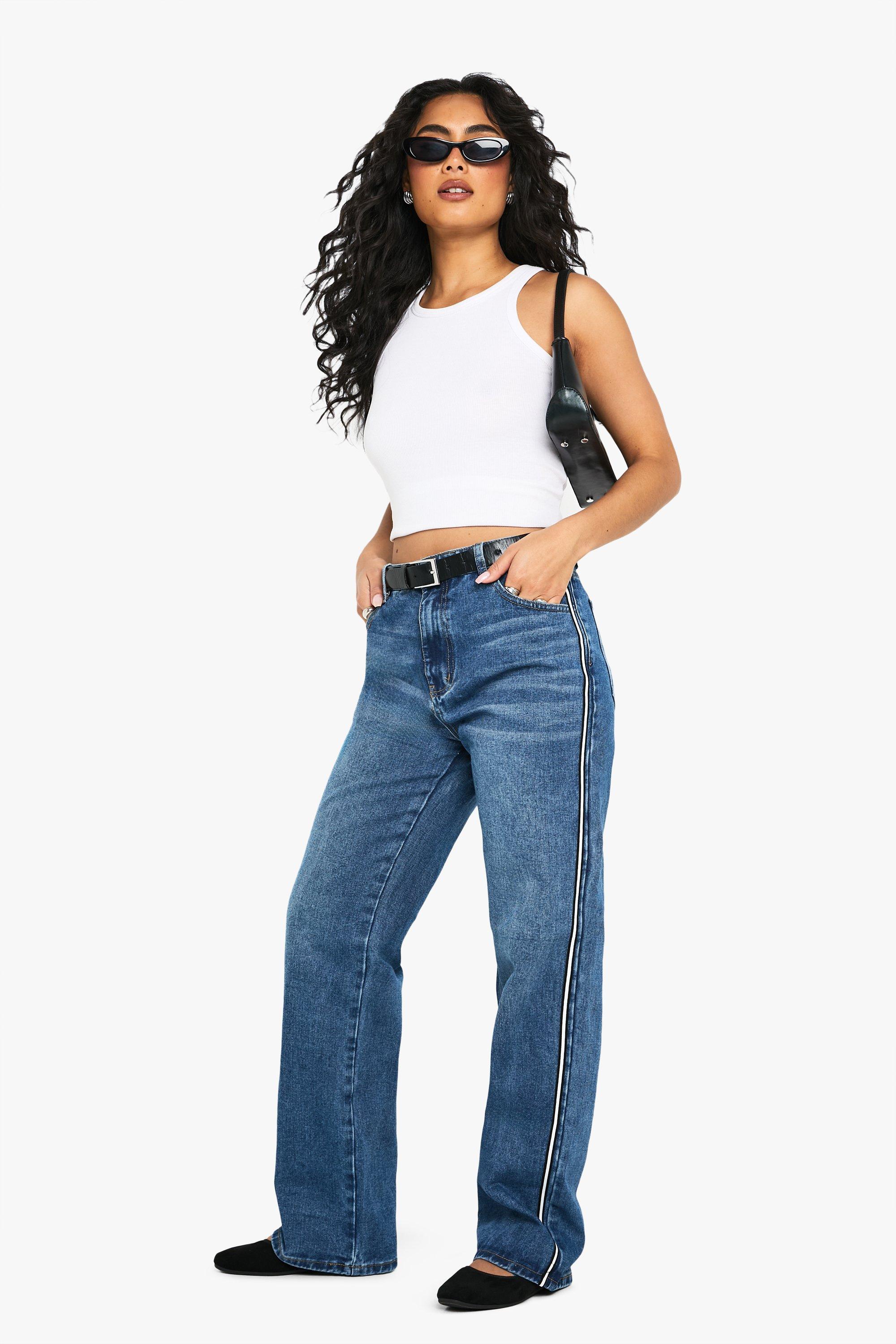 Boohoo Denim Jeans Met Zijstreep En Rechte Pijpen, Mid Blue