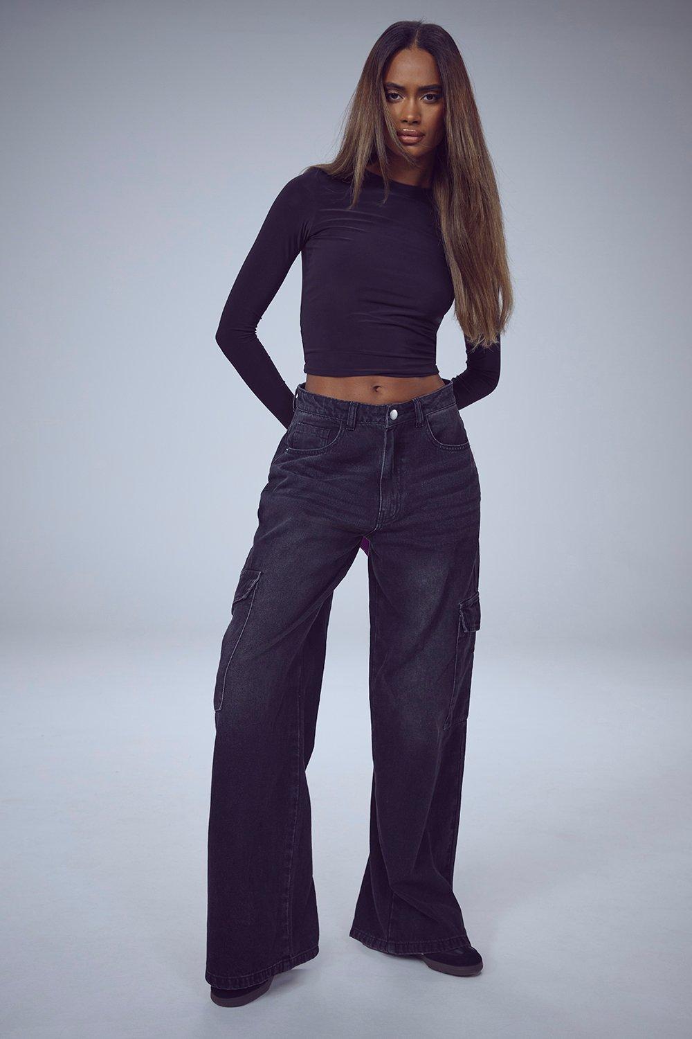 Boohoo Wide Leg Cargo Jeans, Black