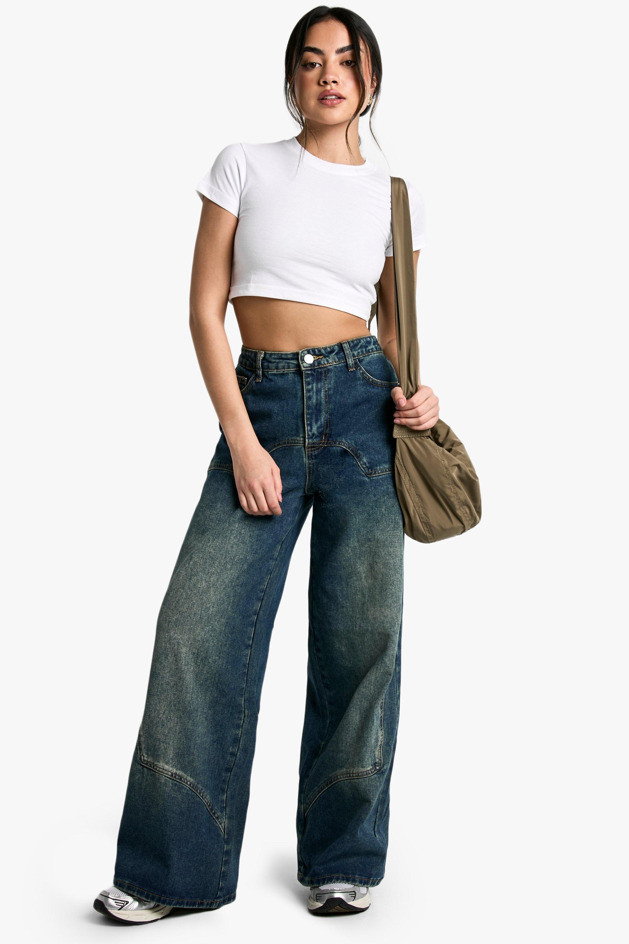 Boohoo Wide Leg Jeans Met Naaddetail, Mid Blue