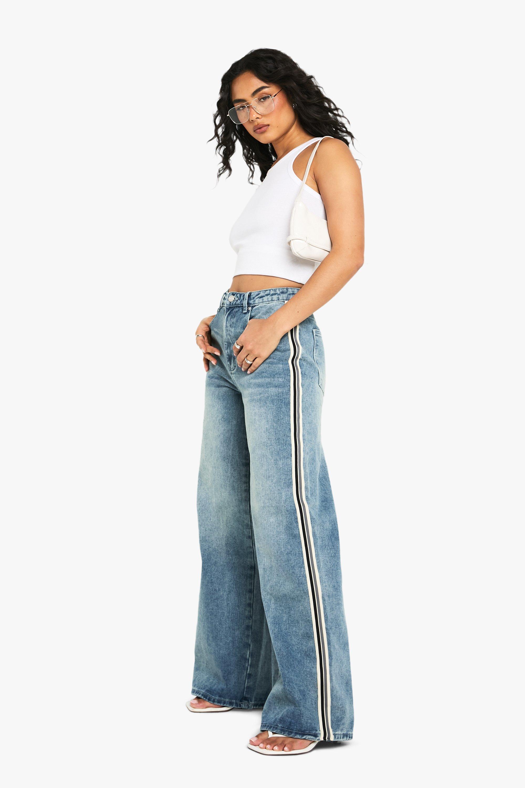 Boohoo Wide Leg Jeans Met Zijstreep, Mid Blue