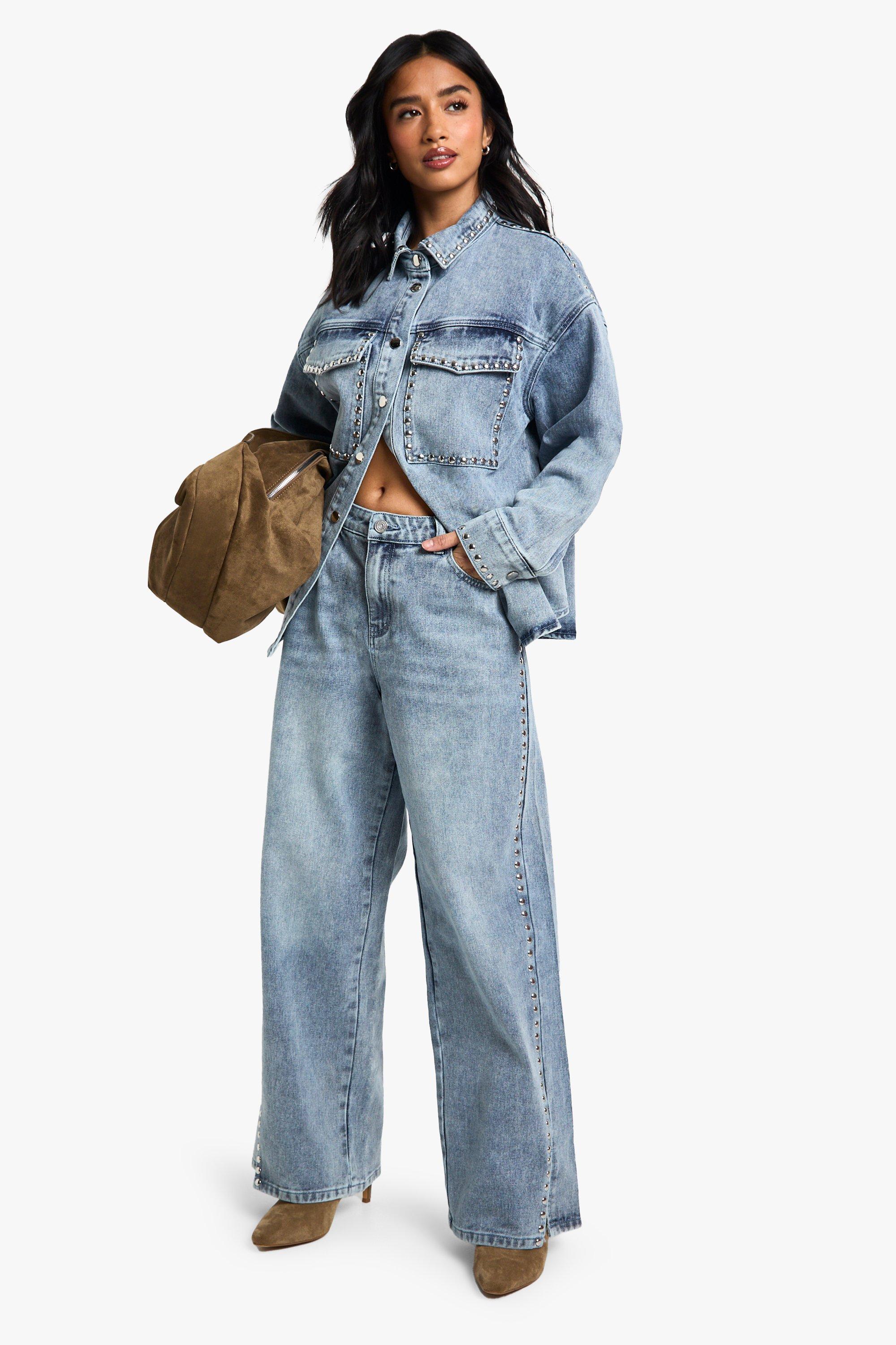 Boohoo Petite Wide Leg Jeans Met Studs, Vintage Blue