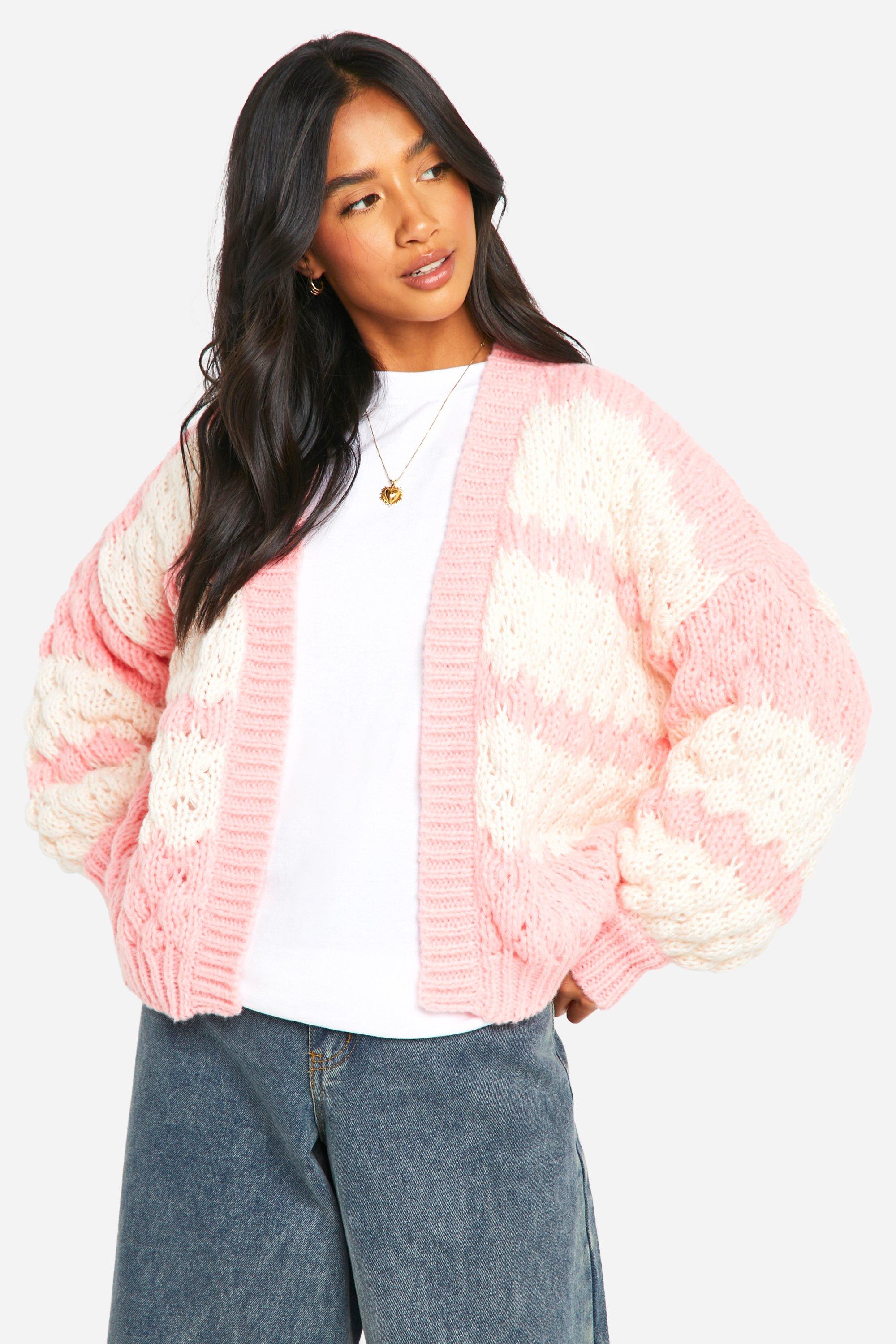 Boohoo Petite Gestreepte Dikke Gebreide Bolletjes Cardigan, Pink