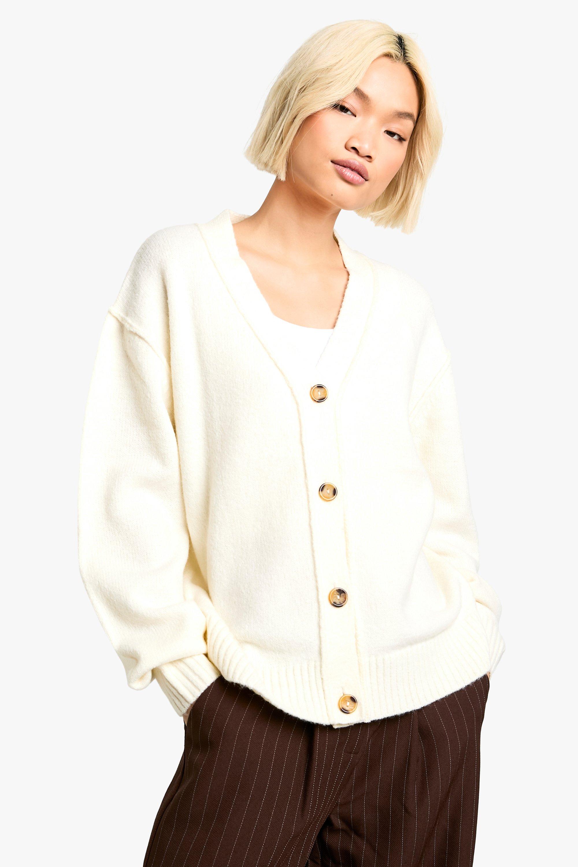 Boohoo Oversized Zachte Gebreide Boyfriend Cardigan Met Naaddetail, Ecru