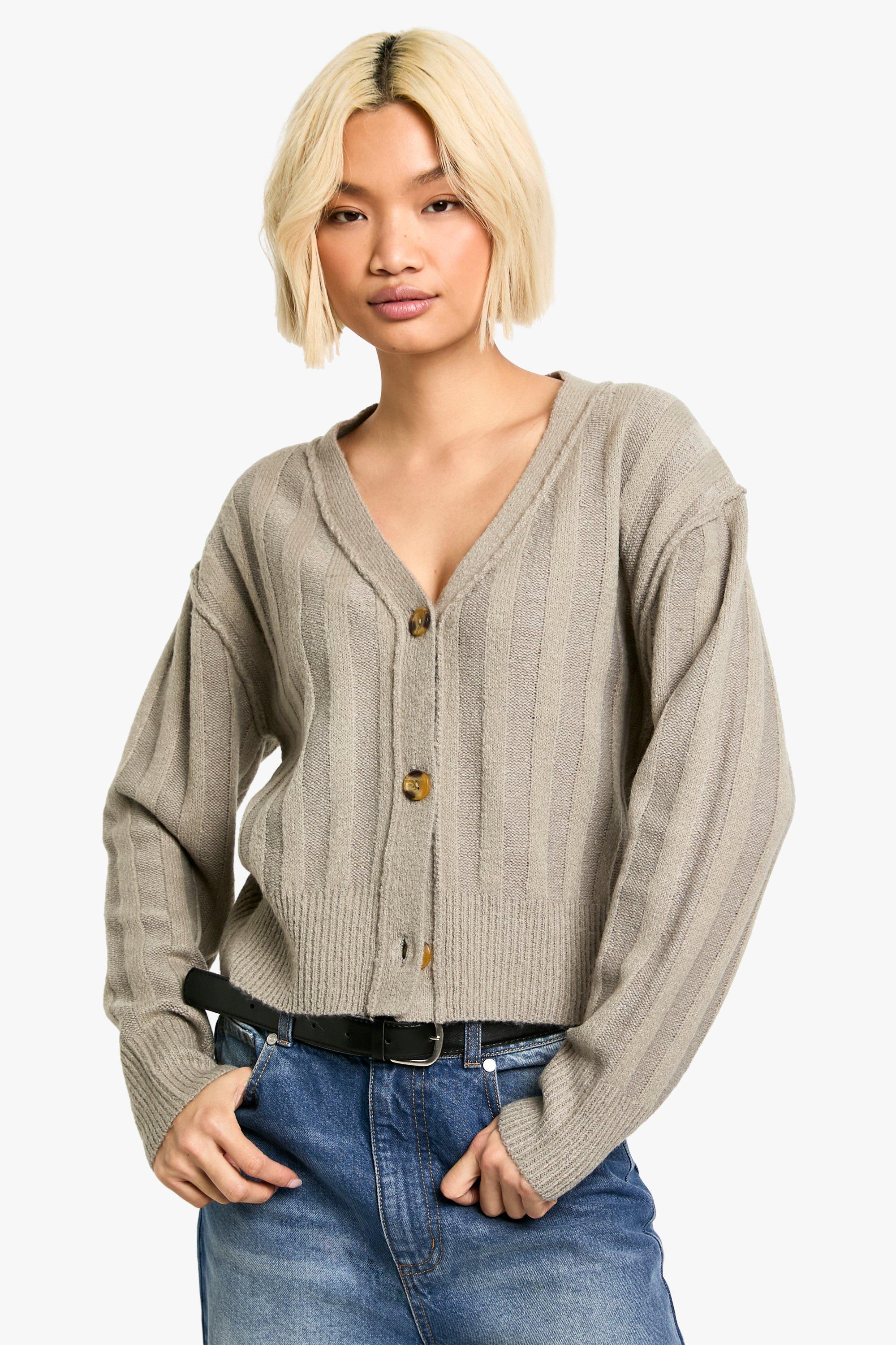 Boohoo Zachte Geribbelde Gebreide Boyfriend Cardigan Met Naaddetail, Oatmeal