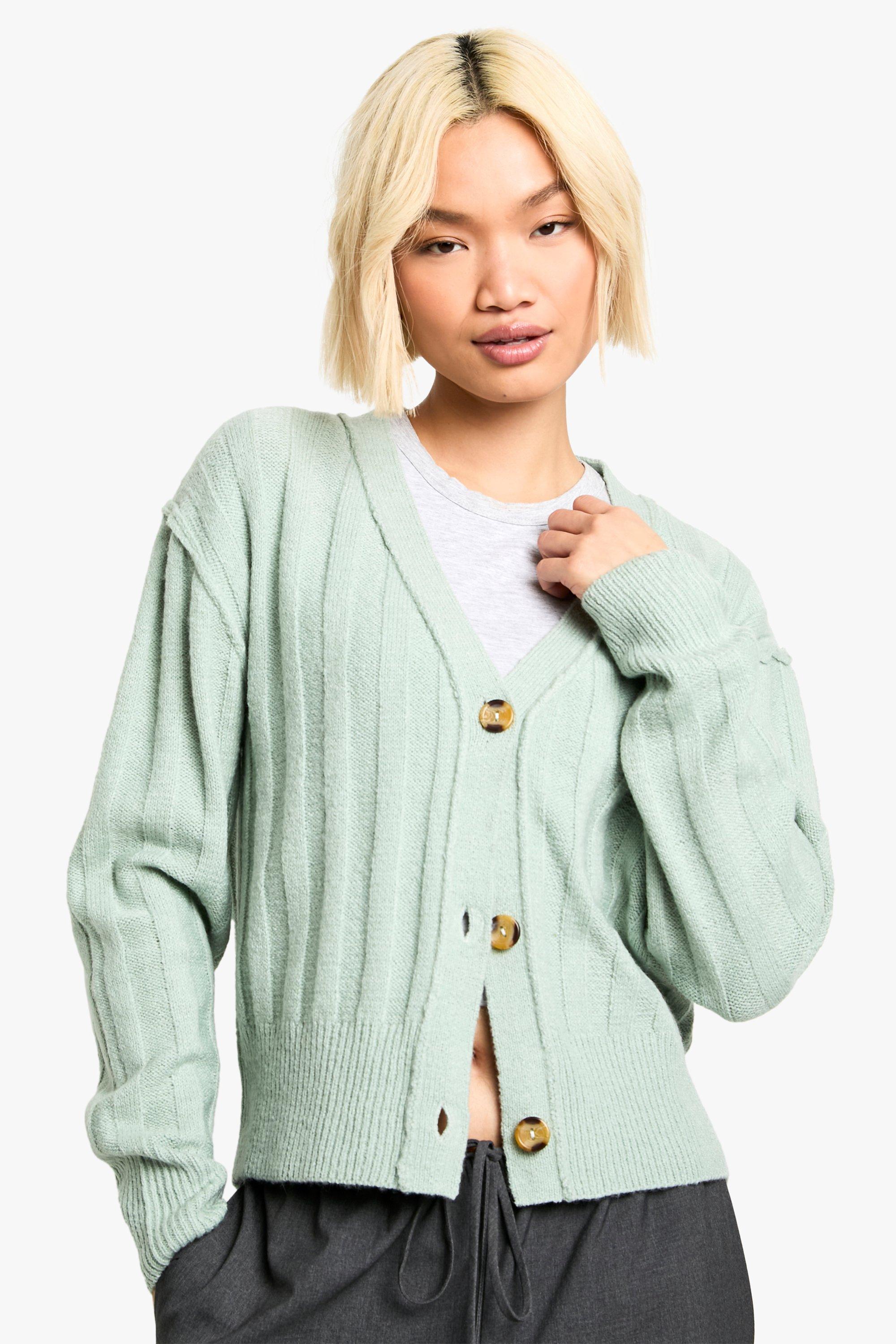 Boohoo Zachte Geribbelde Gebreide Boyfriend Cardigan Met Naaddetail, Sage