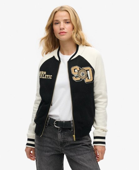 Superdry Vrouwen College Jersey Bomberjack met Grafische Print Zwart