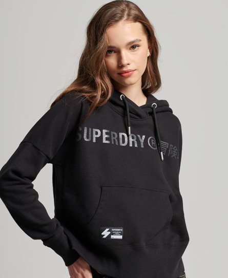 Superdry Vrouwen Korte Independent Logo Hoodie met Folieprint Zwart
