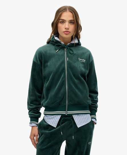Superdry Vrouwen Country Club Velours Hoodie met Rits Groen