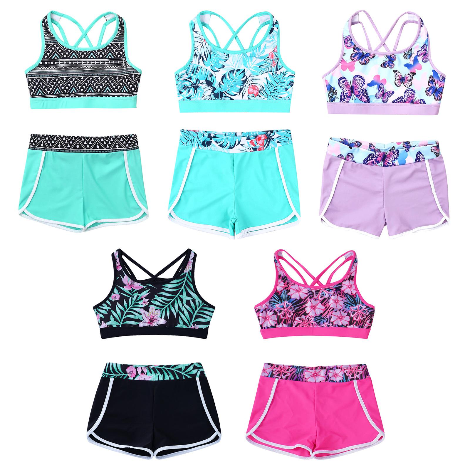 Yeahdor 2 stuks bedrukte badpakoutfit voor meisjes met U-hals, bandjes op de rug en crop top met boyshorts, shorts en broeken, badpak voor op het strand, zwembad, zwempak 11-12 Years lavendel