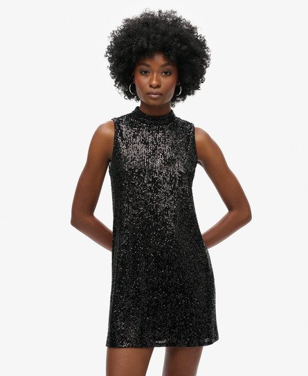 Superdry Vrouwen Mouwloze Mini-jurk met Lovertjes en A-lijn Zwart