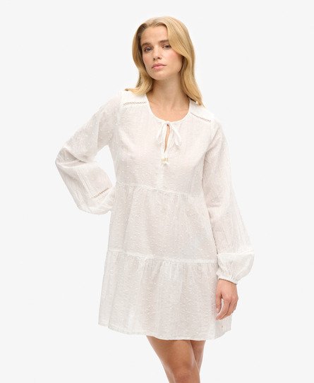 Superdry Vrouwen Ibiza Gelaagde en Fonkelende Mini-jurk met Lange Mouwen Wit