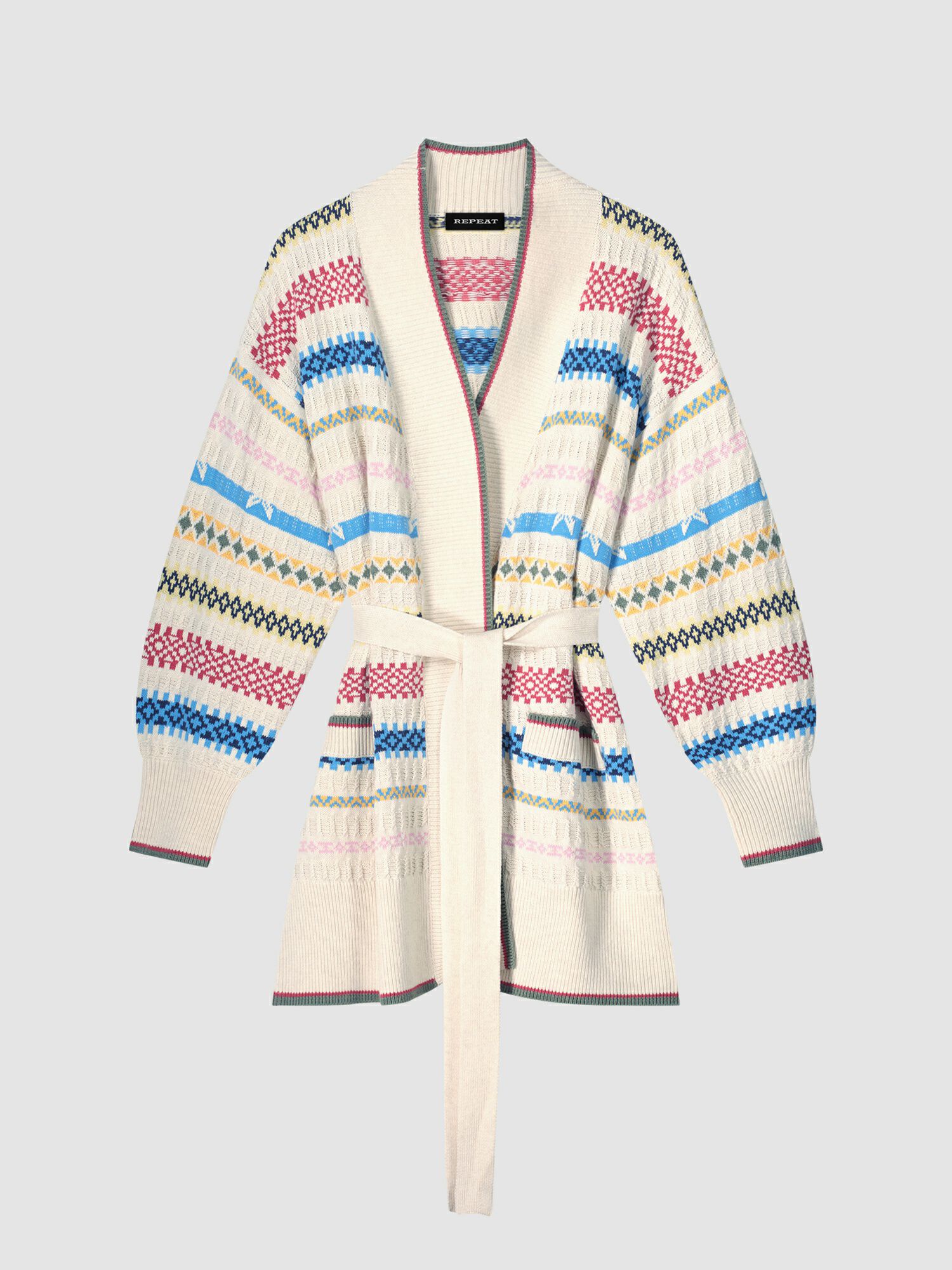 REPEAT cashmere Multikleuren gestreept gebreid vest met ceintuur van zuiver katoen