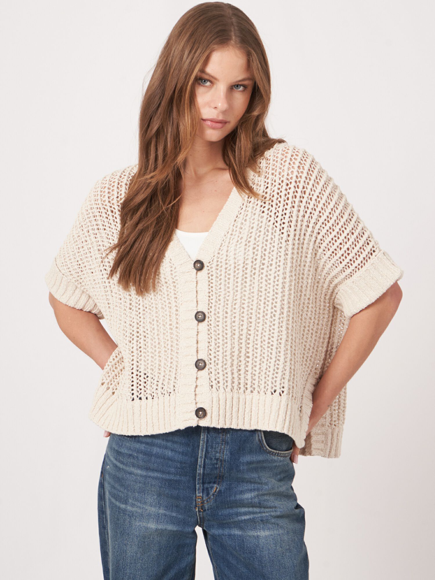 REPEAT cashmere Oversized gebreid ajourvest met knopen