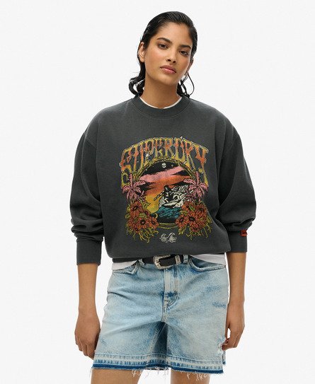 Superdry Vrouwen Psych Surf Loose Sweatshirt met Ronde Hals Zwart