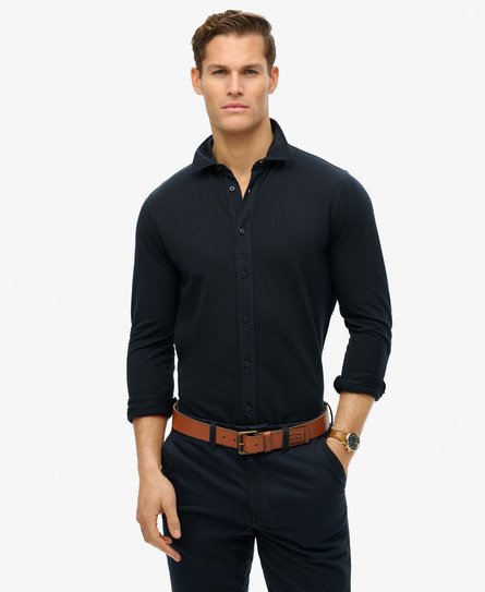 Superdry Mannen Vintage Destroy Piqué Overhemd met Lange Mouwen Blauw