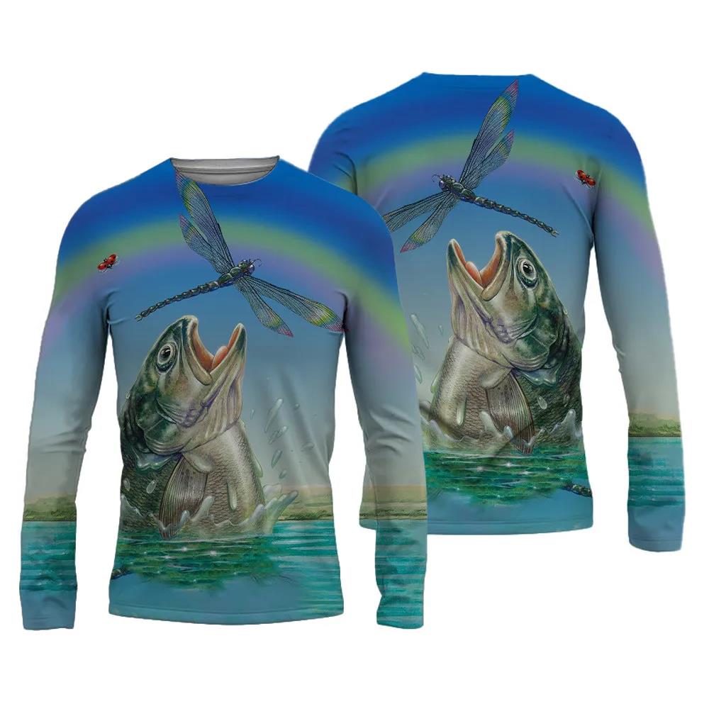 ETST 007 Modieus herenvissersshirt 3D-geprint vispak Ademend T-shirt Lange mouwen Zomer Buitensporten Ronde hals Vissen S