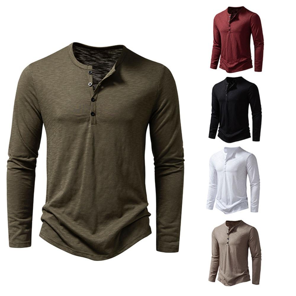 MILU Heren katoenen overhemd met Henley-hals en lange mouwen, casual knoop, effen kleur, mode-T-shirts XXL wit