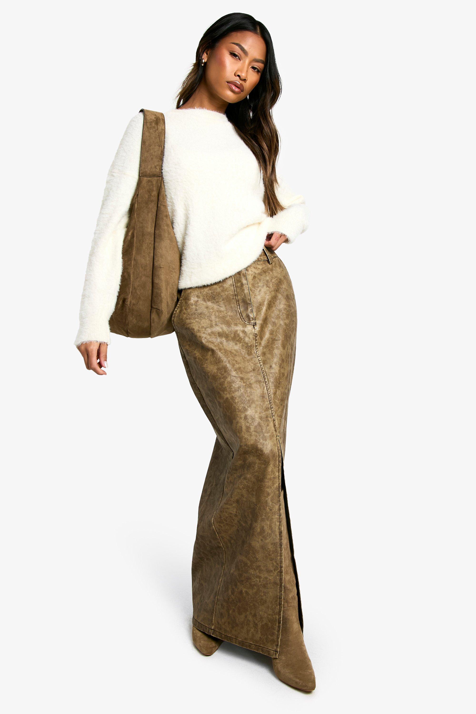 Boohoo Gebleekte Pu Maxi Rok Met Split, Vintage Wash