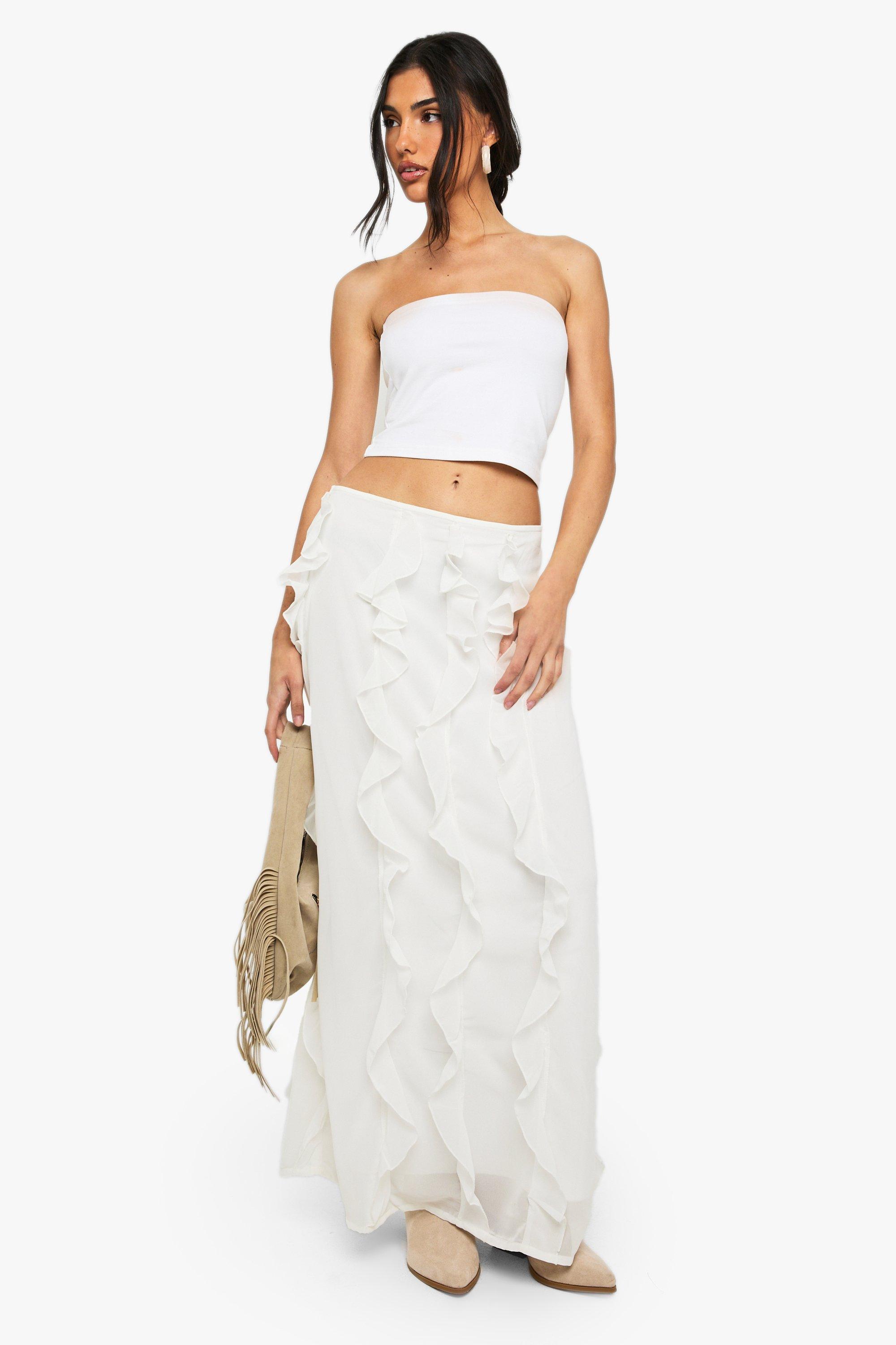 Boohoo Gekreukelde Chiffon Maxi Rok Met Ruches, Ivory