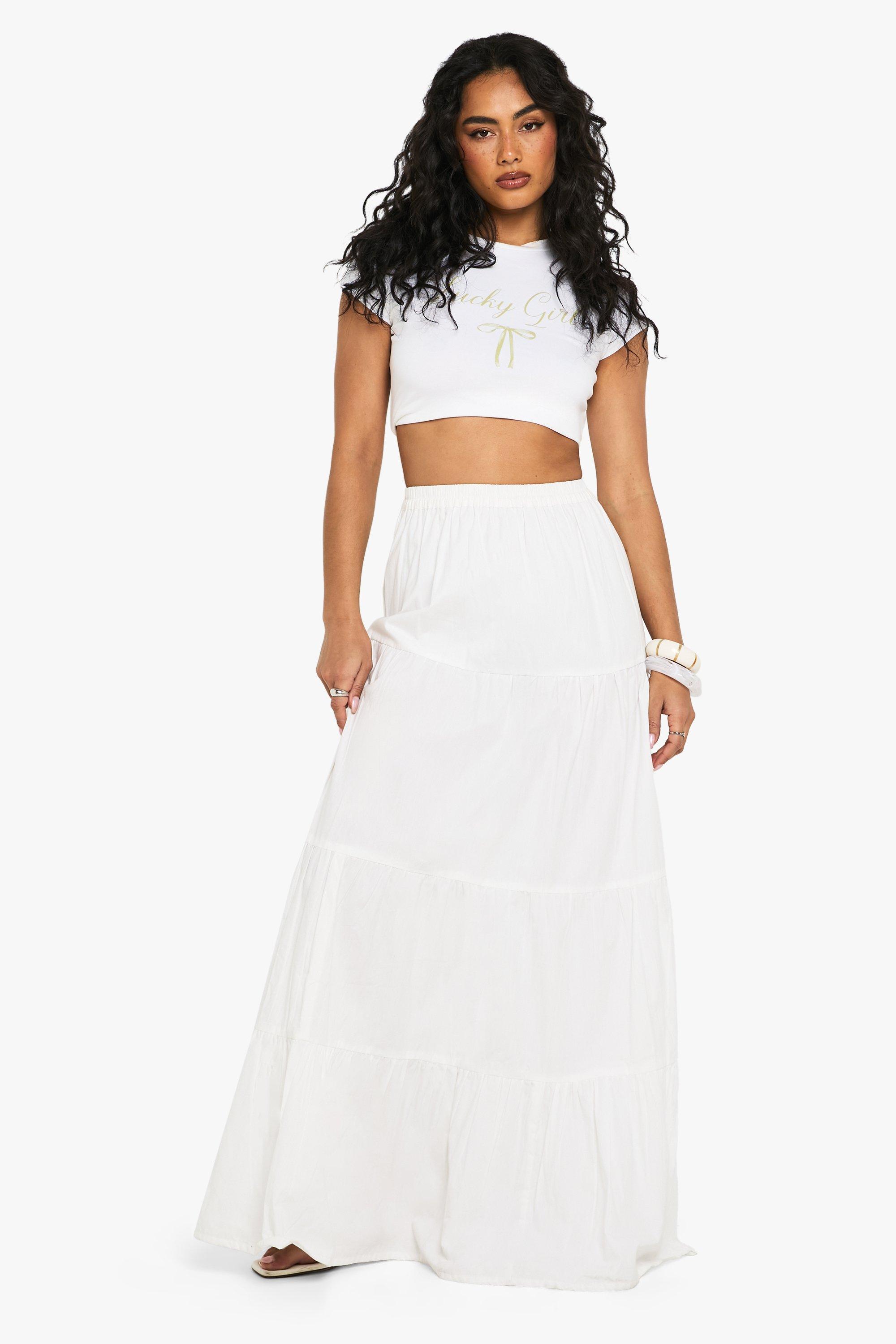 Boohoo Katoenen Poplin Maxi Rok Met Laagjes, White