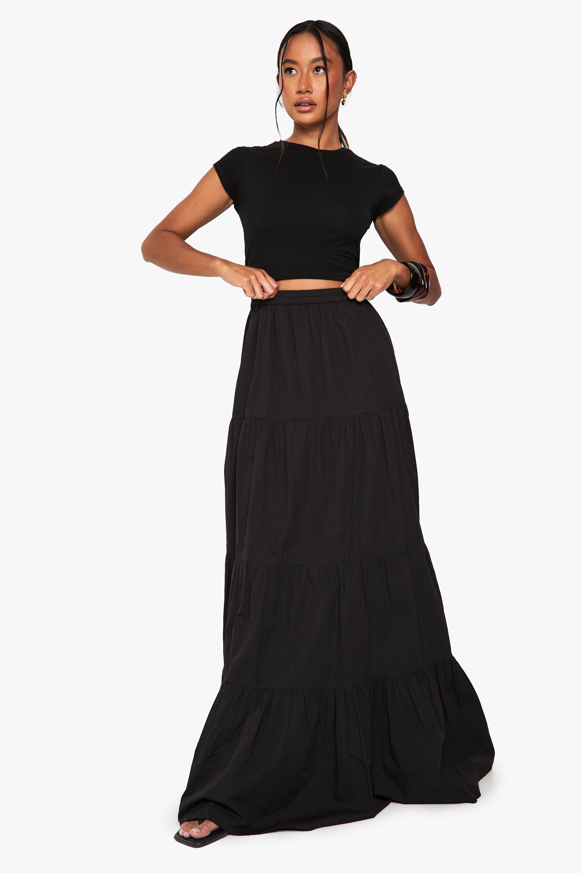 Boohoo Katoenen Poplin Maxi Rok Met Laagjes, Black