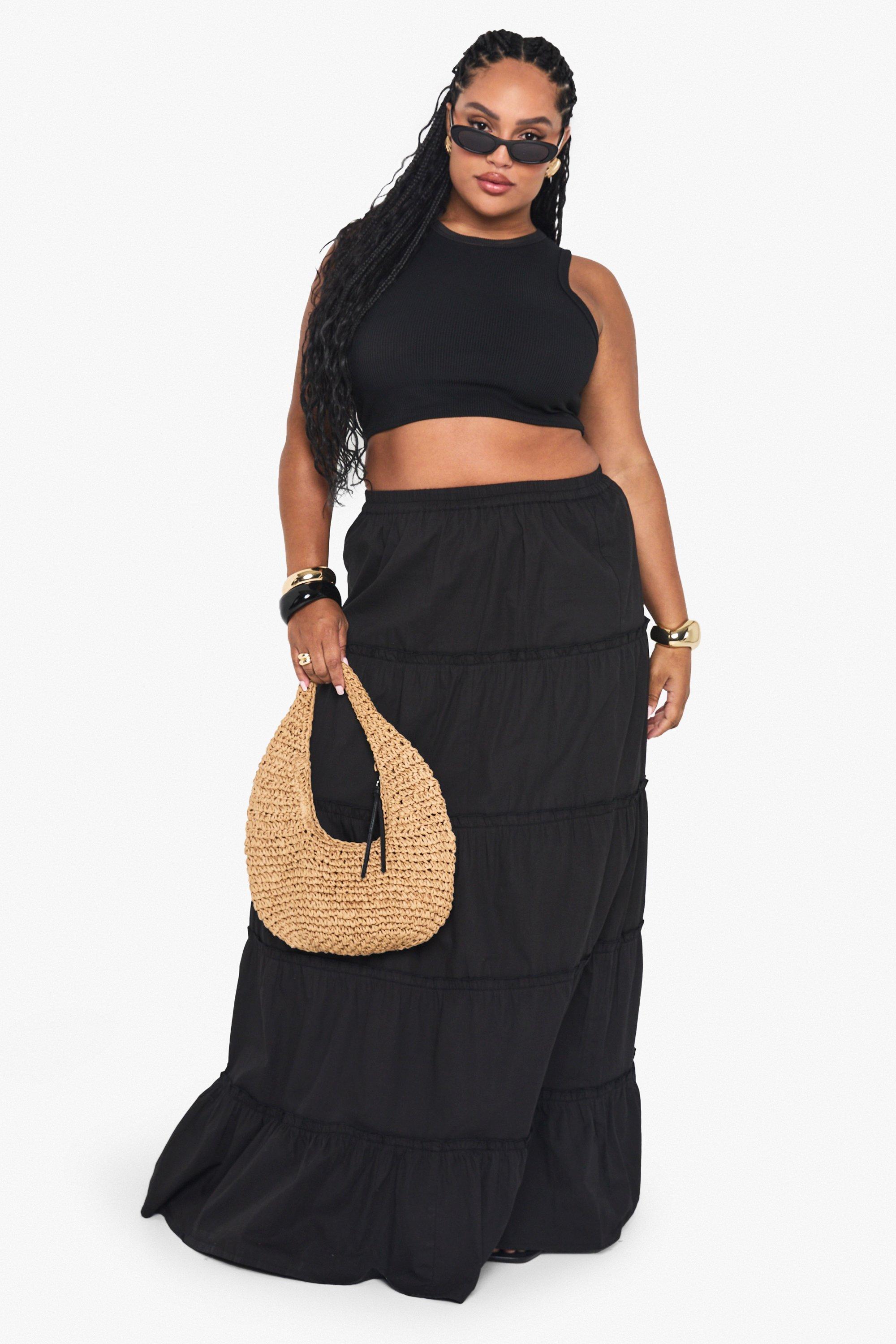 Boohoo Plus Katoenen Maxi Rok Met Laagjes, Black