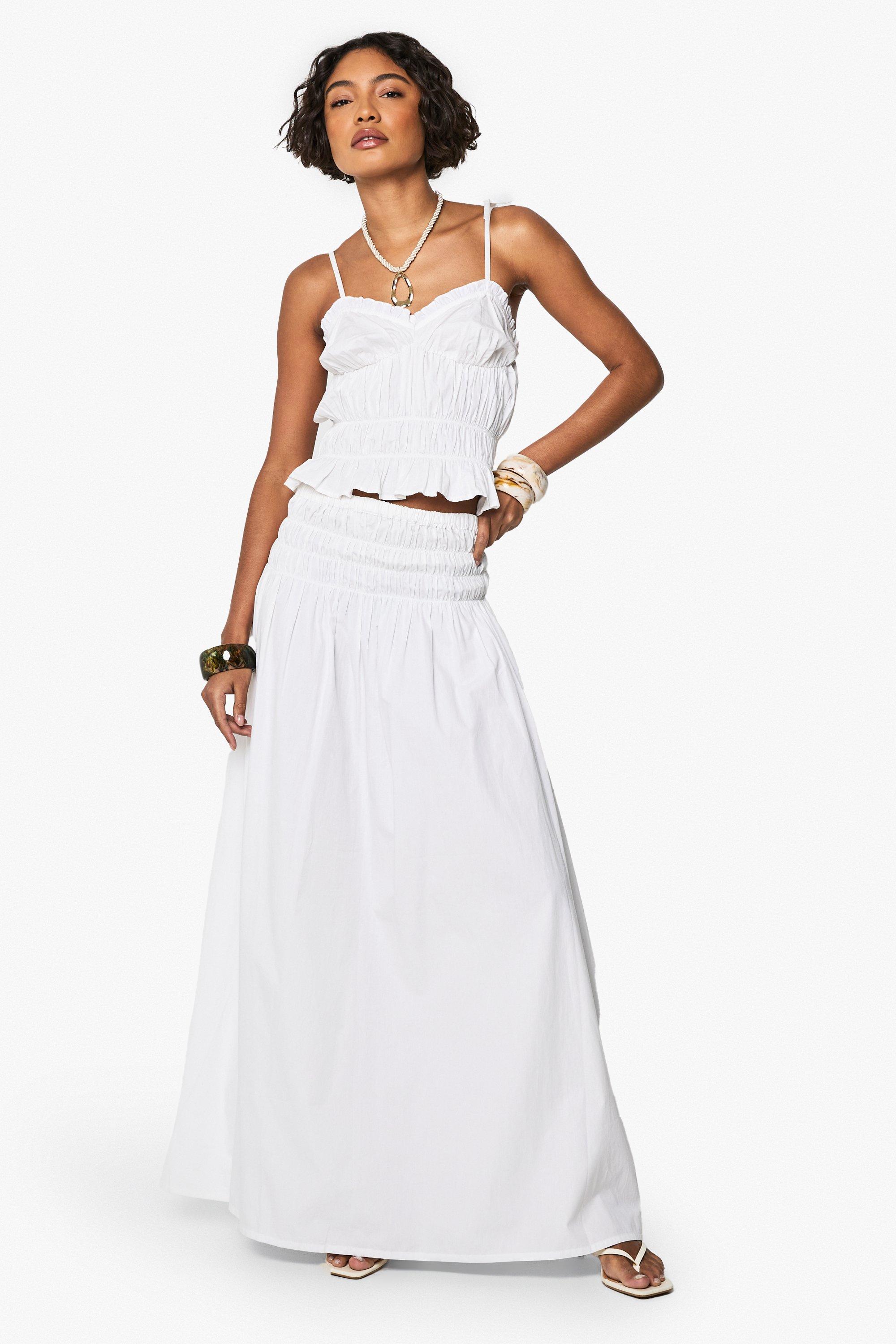 Boohoo Tall Poplin Maxi Rok Met Geplooide Taille, White