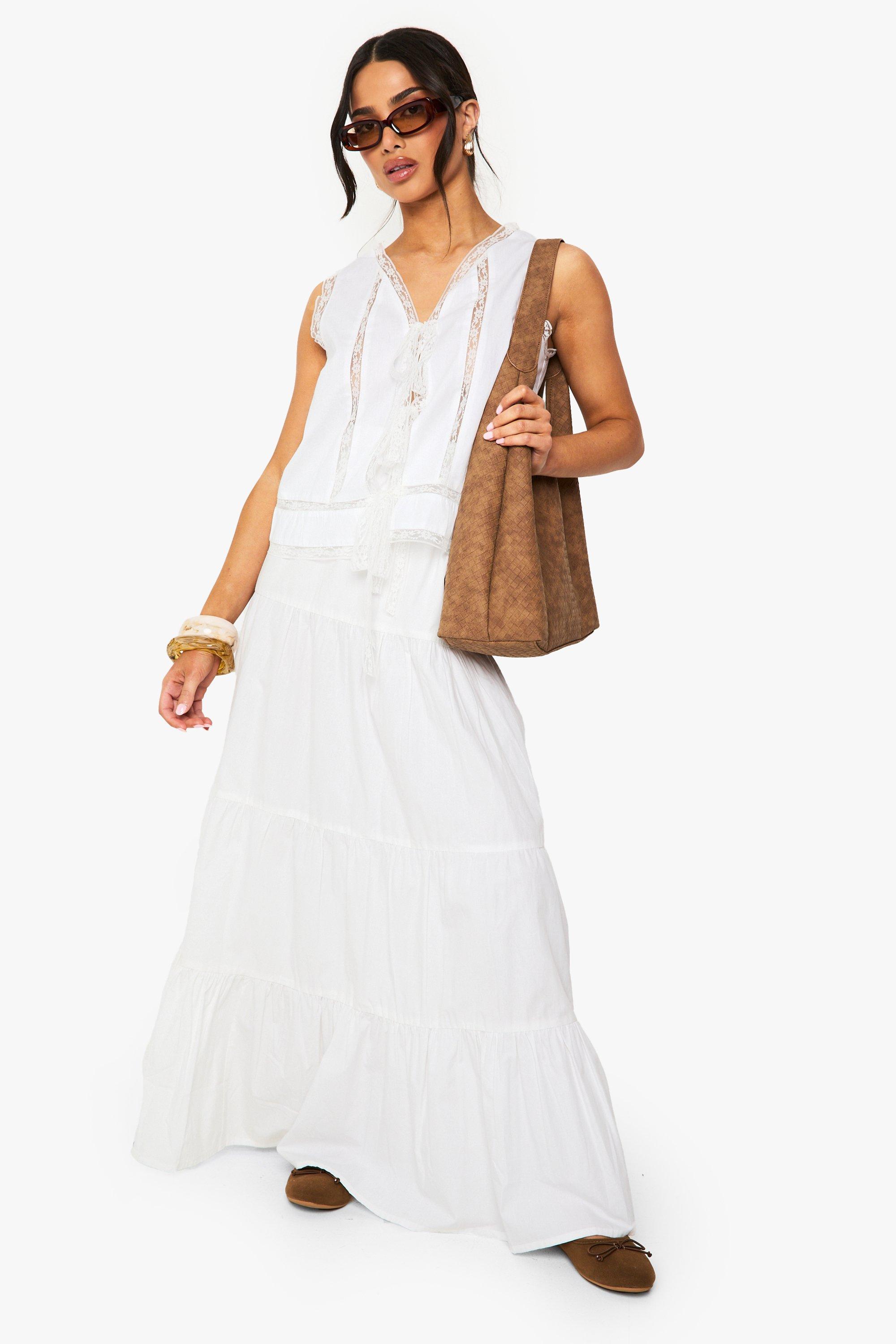 Boohoo Petite Poplin Maxi Rok Met Laagjes, White