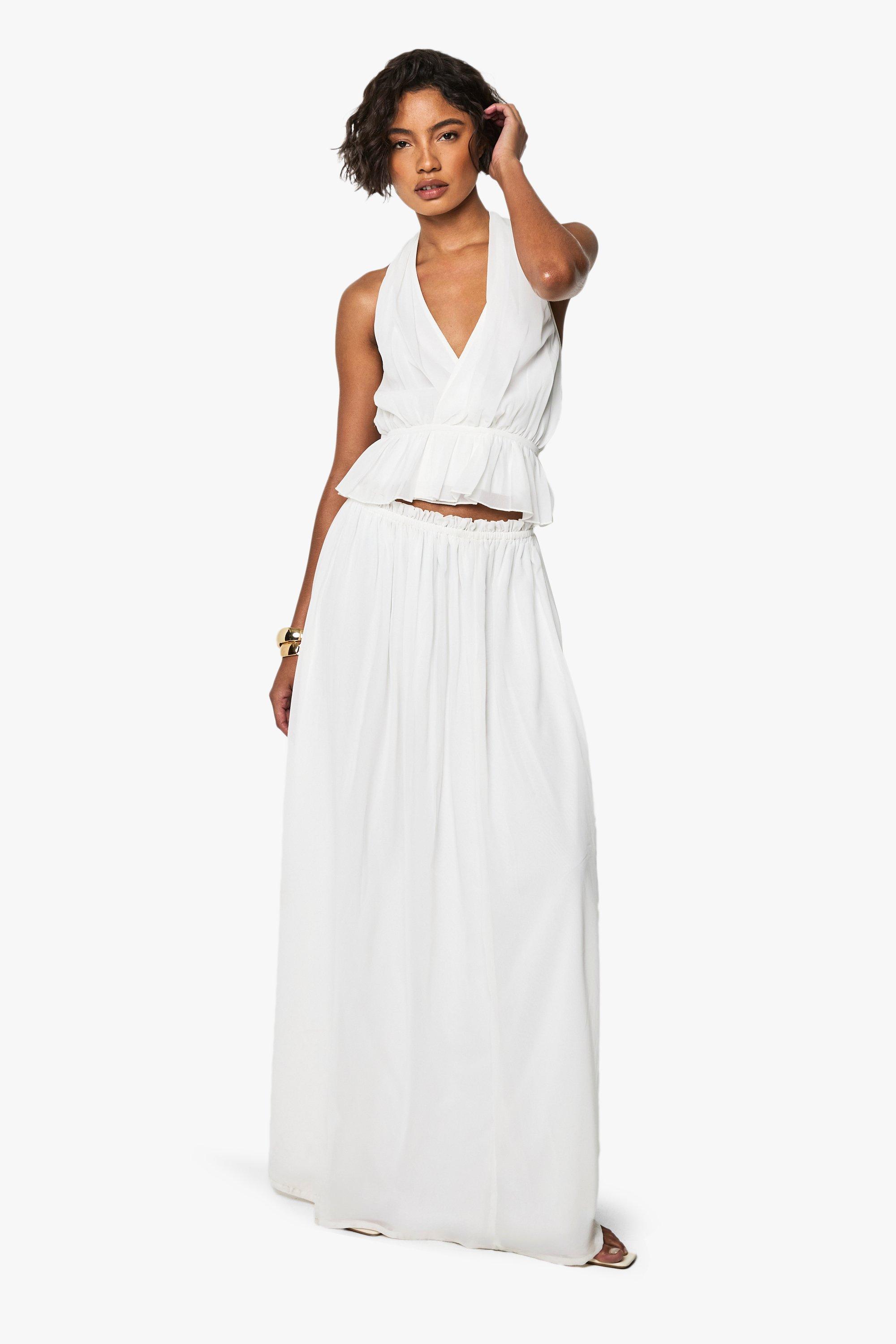 Boohoo Tall Chiffon Maxi Rok Met Geplooide Taille, White