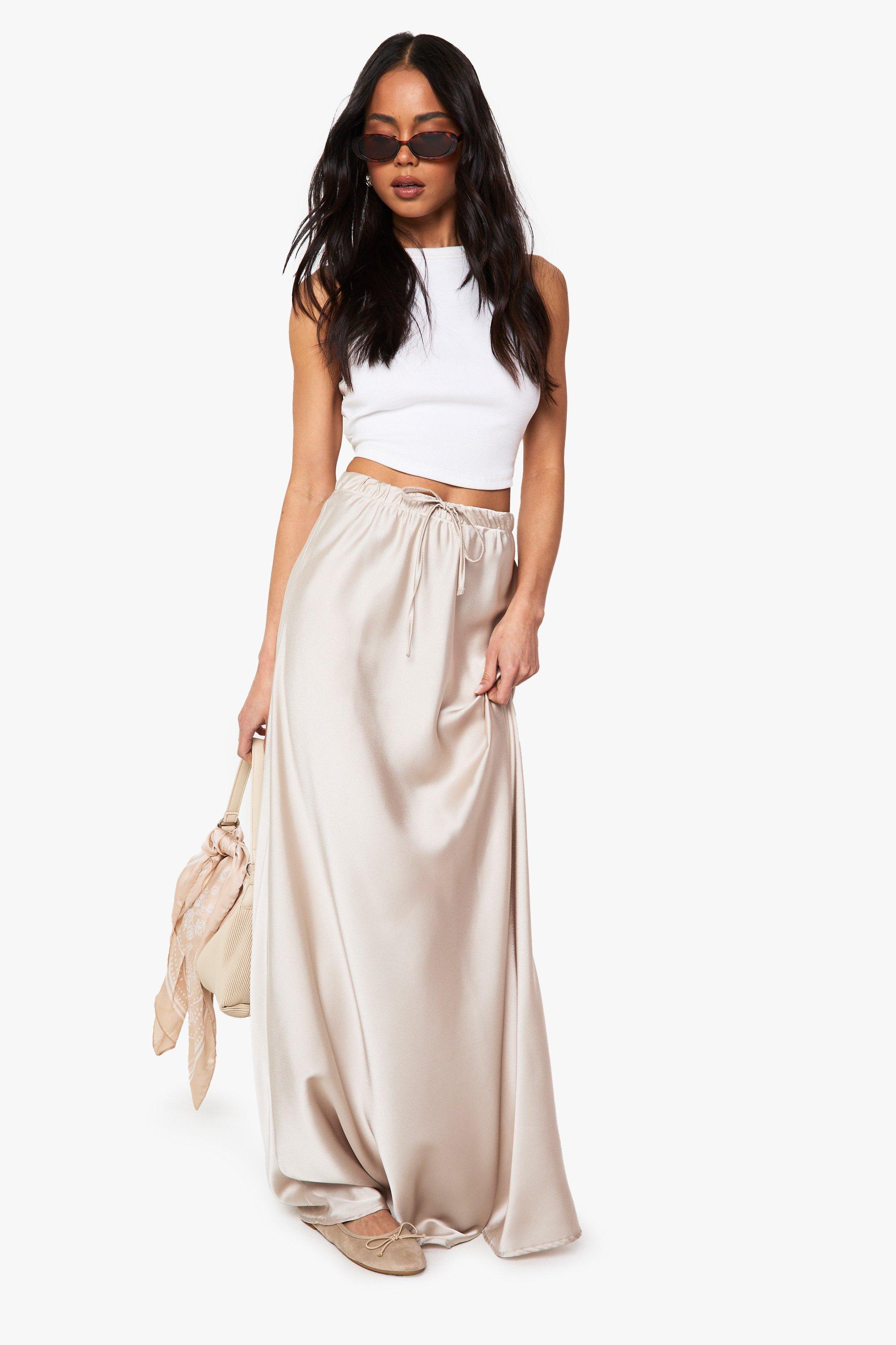 Boohoo Satijnen Maxi Rok Met Touwtjes, Champagne