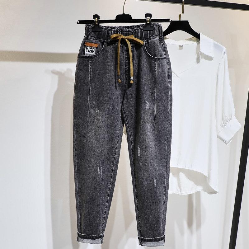 Four Four Vrouwen Plus Size Katoenen Elastische Kracht Denim Broek Elastische Taille Hoge Taille Jeans Vrouw Skinny Vrouwen Jeans Harem Broek XXXXXL zwart