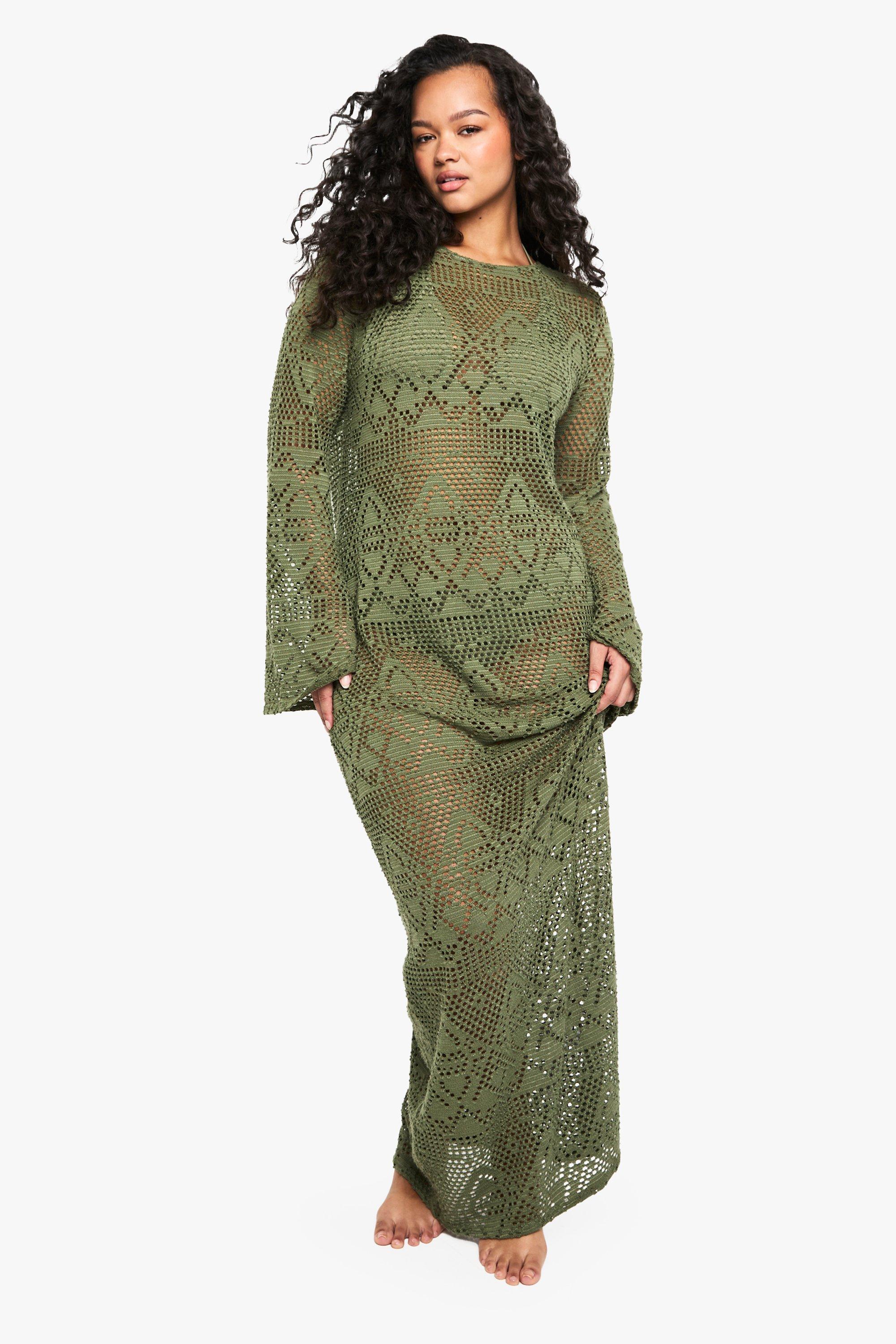 Boohoo Plus Maxi Strand Jurk Met Wijde Mouwen, Khaki